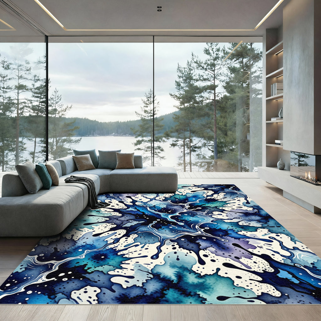 Watercolor Splatter Abstract Ocean Rug