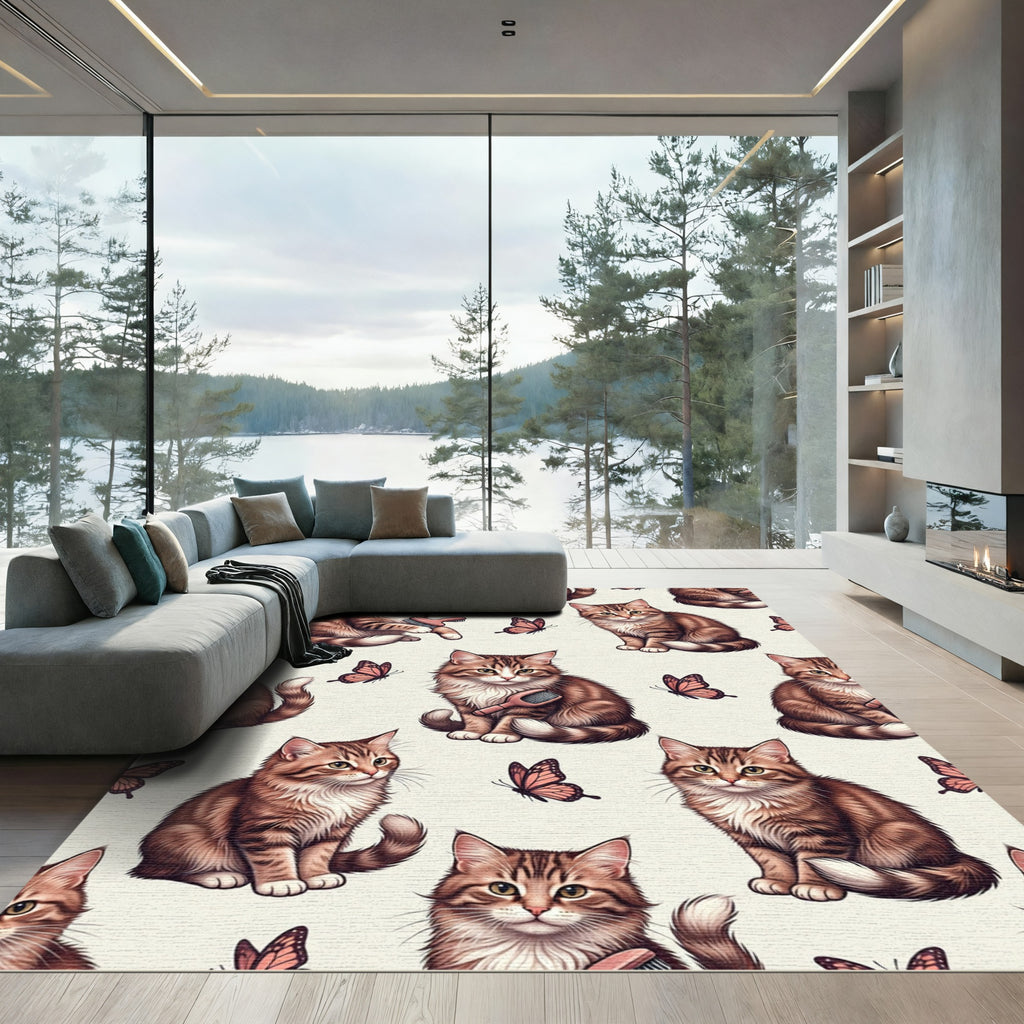 Brown Kitten Butterflies Whimsical Pattern Rug