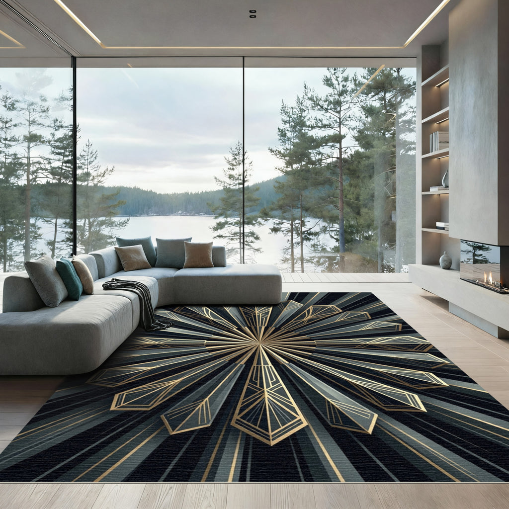 Art Deco Gold Black Sunburst Rug