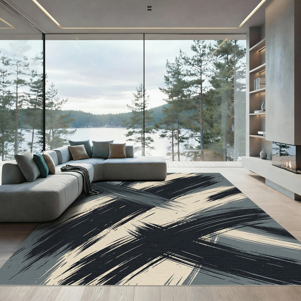 Modern Charcoal and Beige Abstract Brushstroke Rug