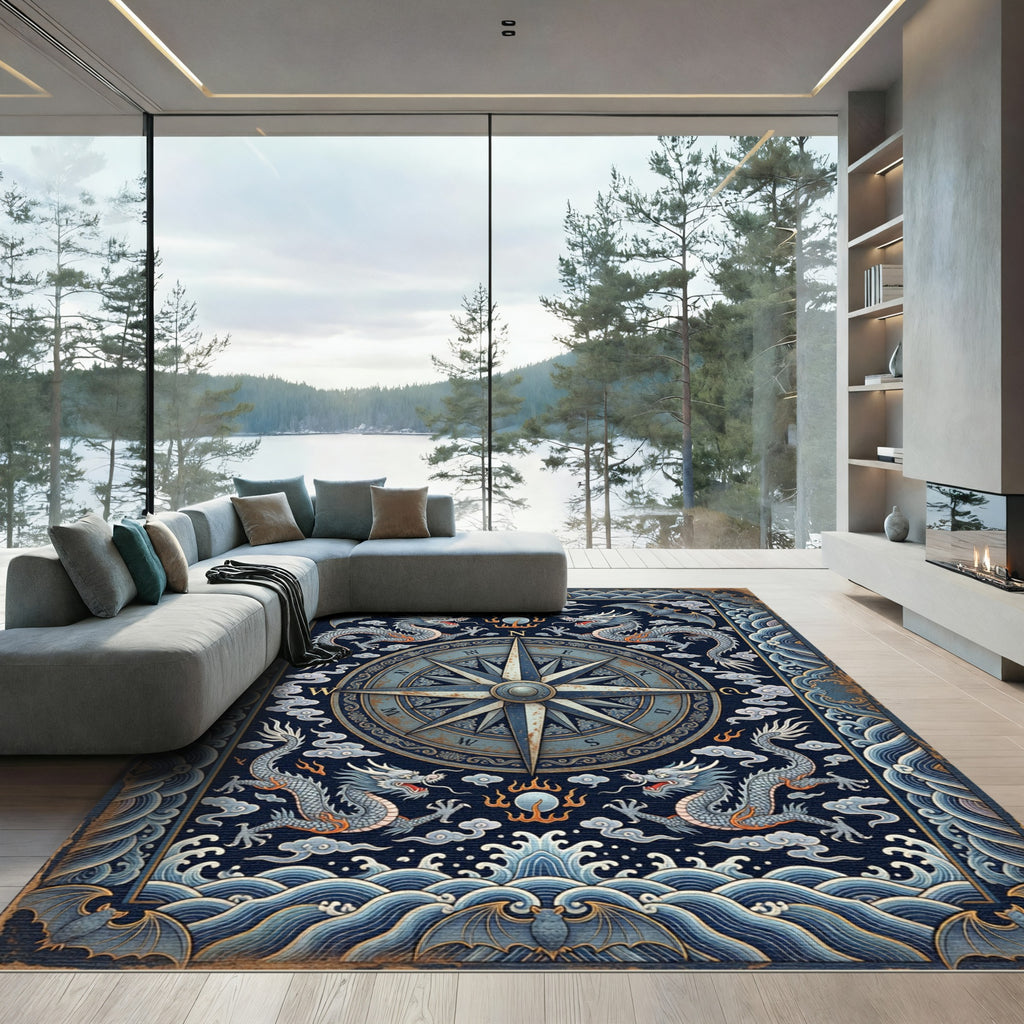 Midnight Dragon Compass Celestial Navy Rug