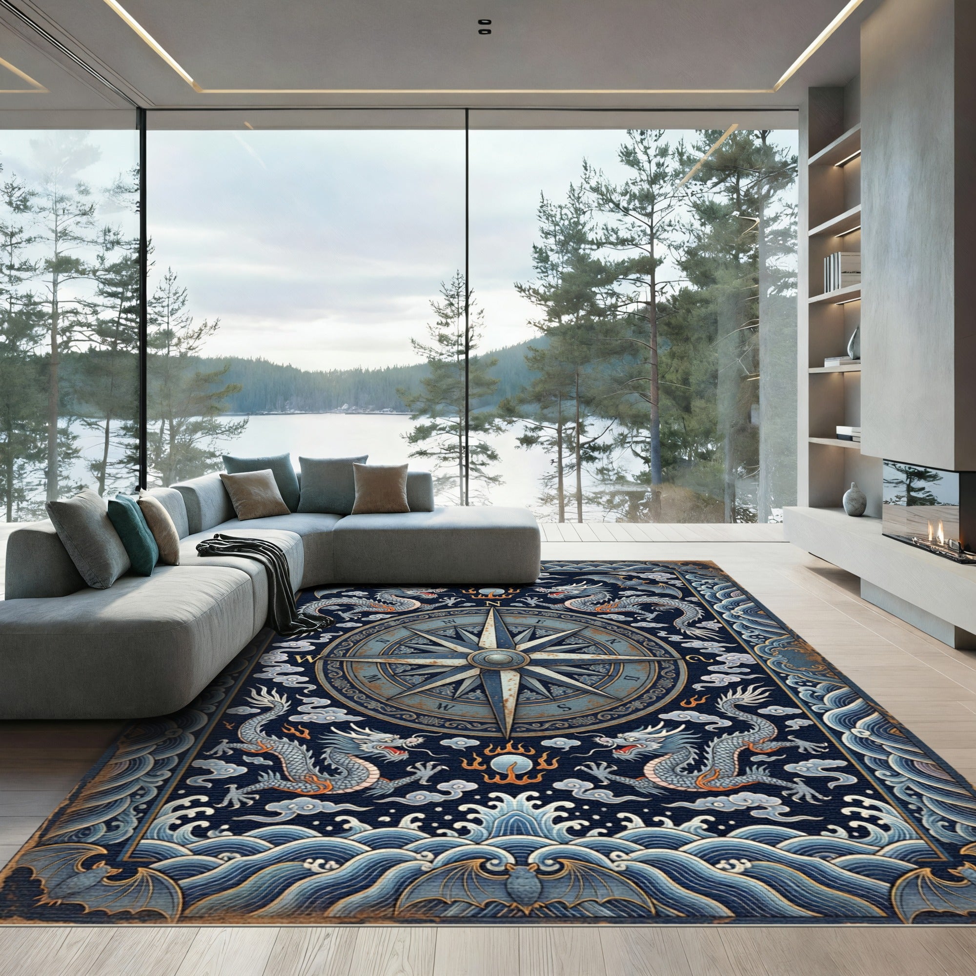 Midnight Dragon Compass Celestial Navy Rug