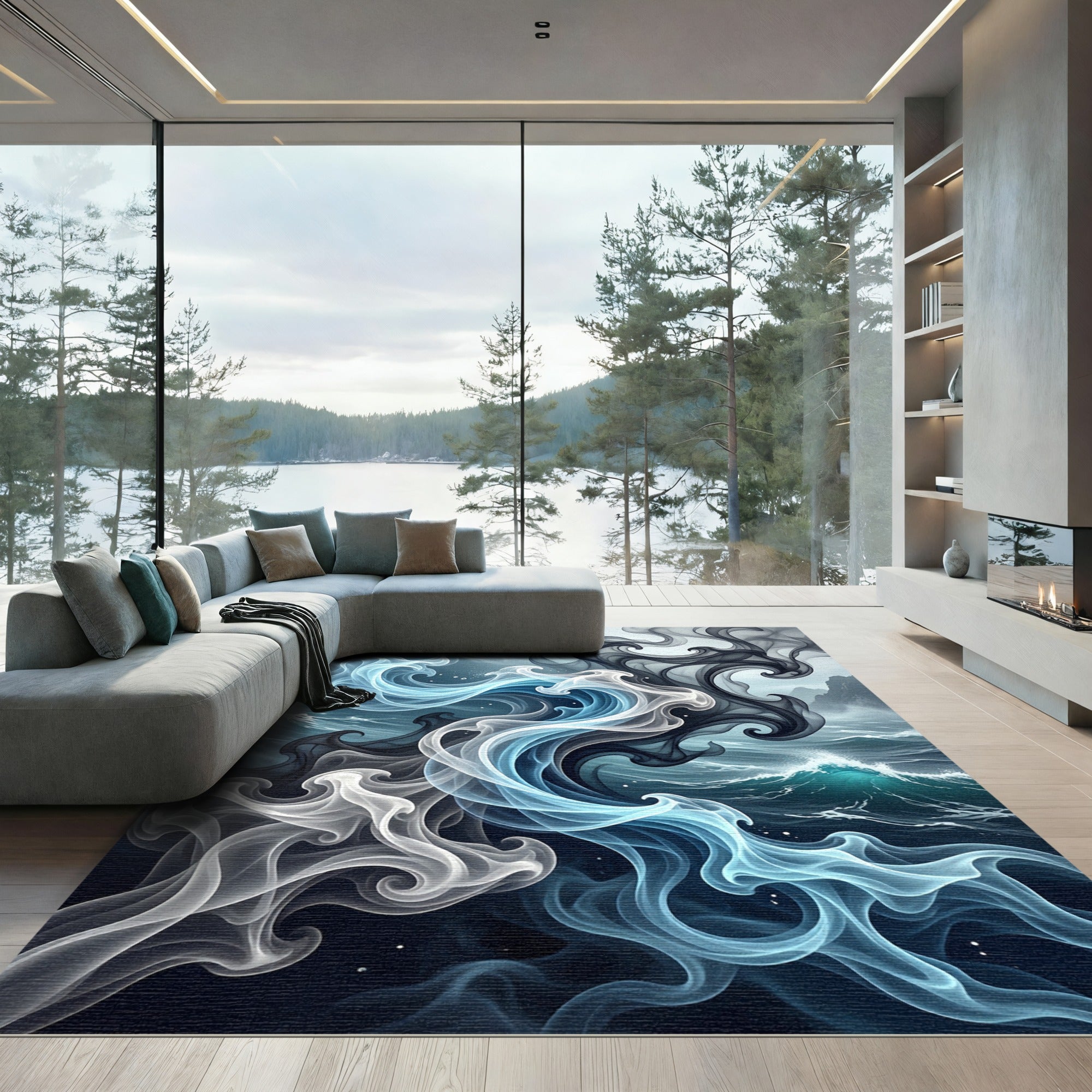 Dynamic Blue White Smoke Swirls Rug