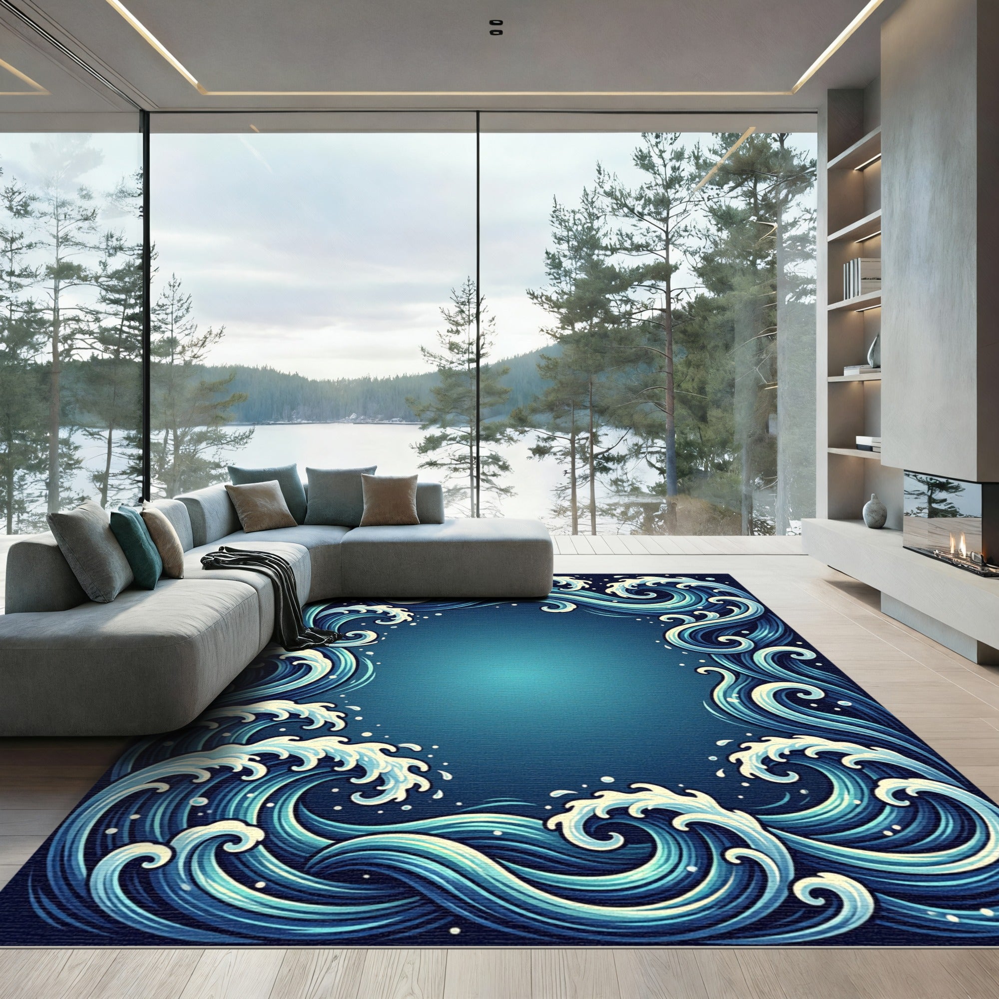 Japanese Deep Blue Spiraling Ocean Wave Rug