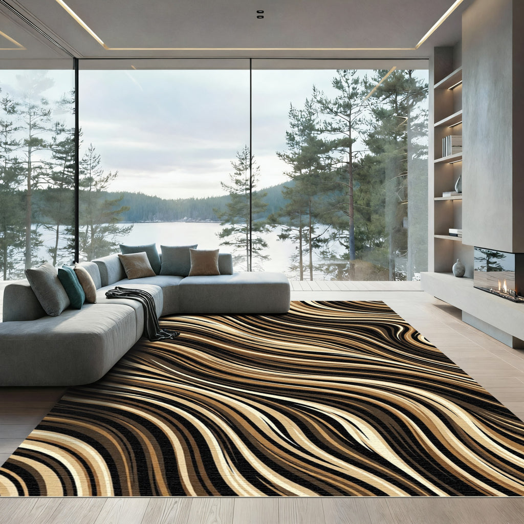 Earthy Wavy Brown Fluid Stripe Rug