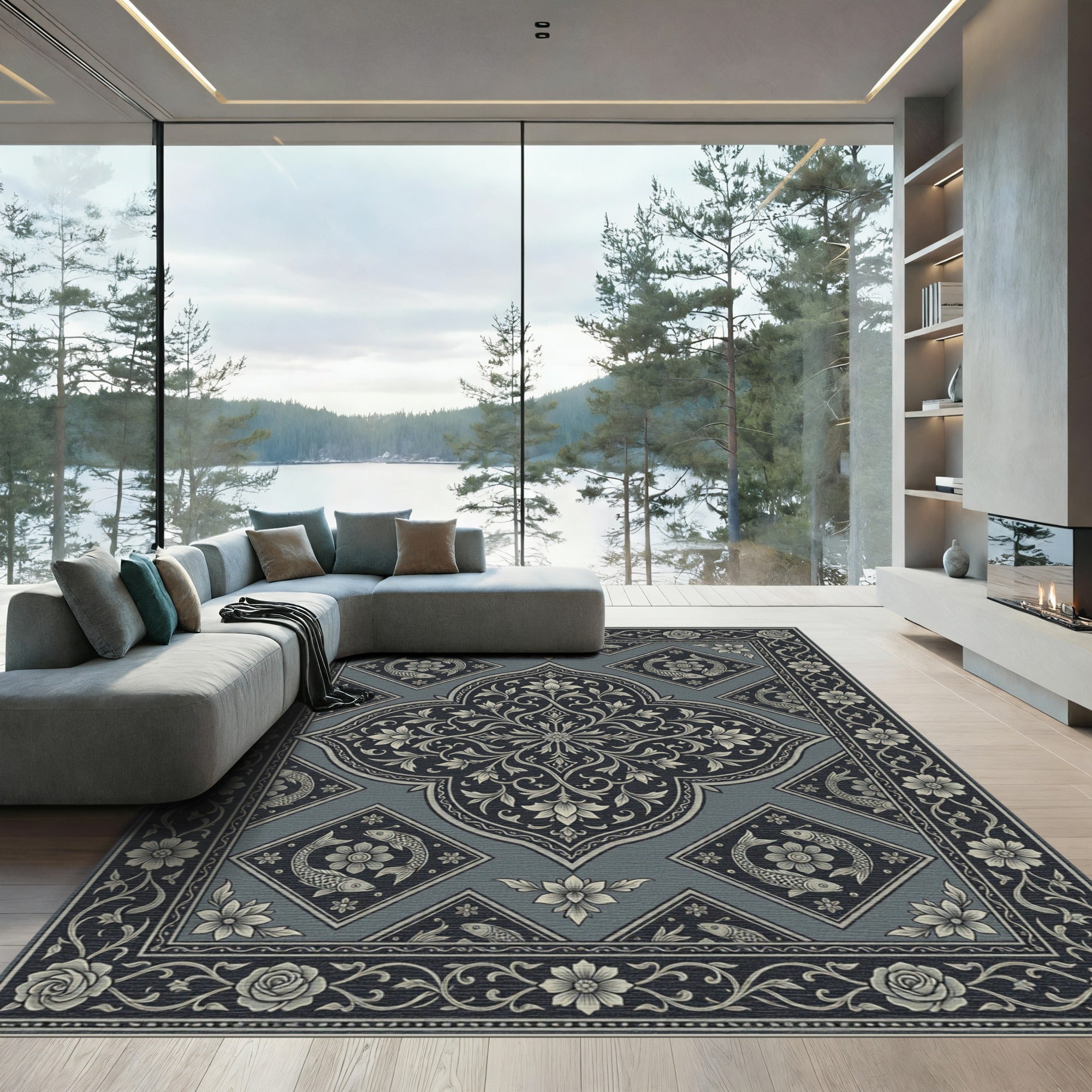 Elegant Slate Floral Koi Medallion Rug