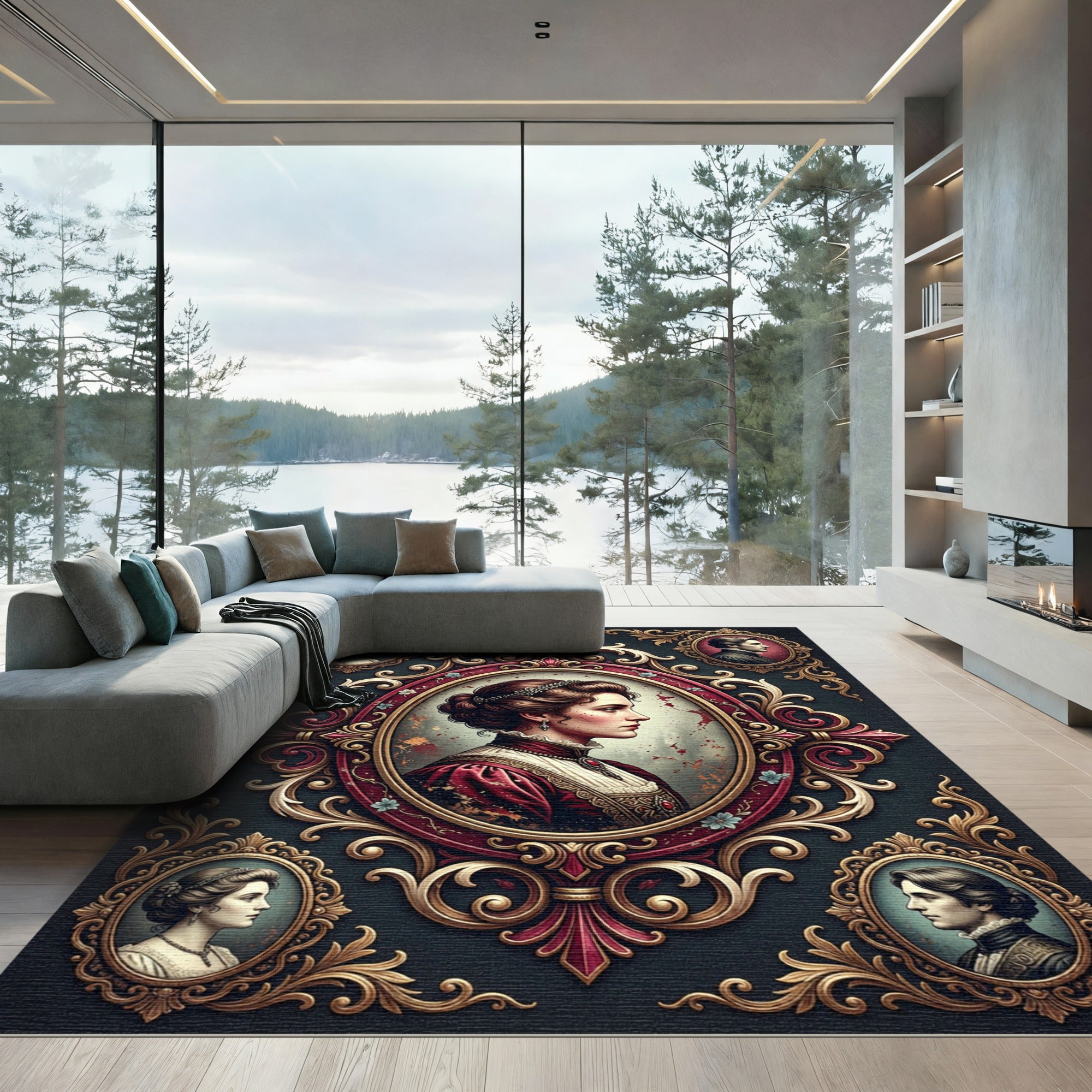 Regal Venetian Portrait Baroque Scrollwork Rug