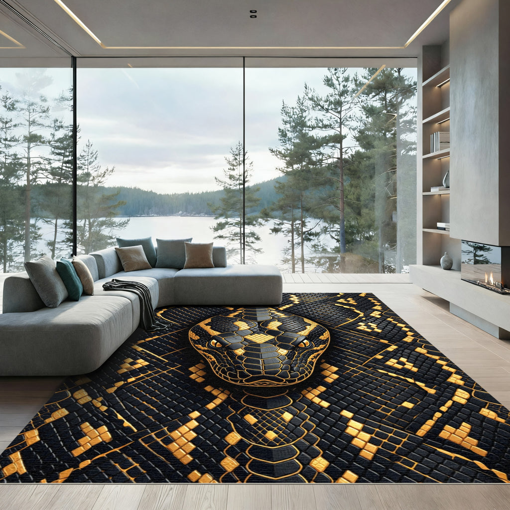 Golden Black Serpentine Geometric Scales Rug