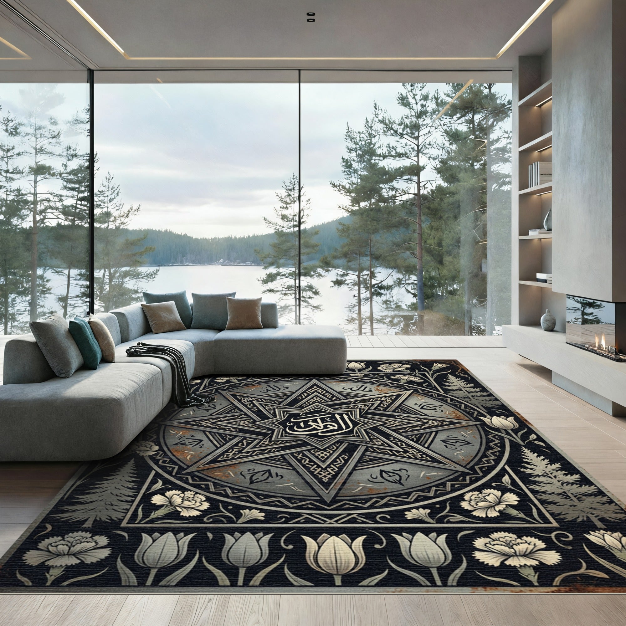 Monochromatic Floral Star Geometric Medallion Rug