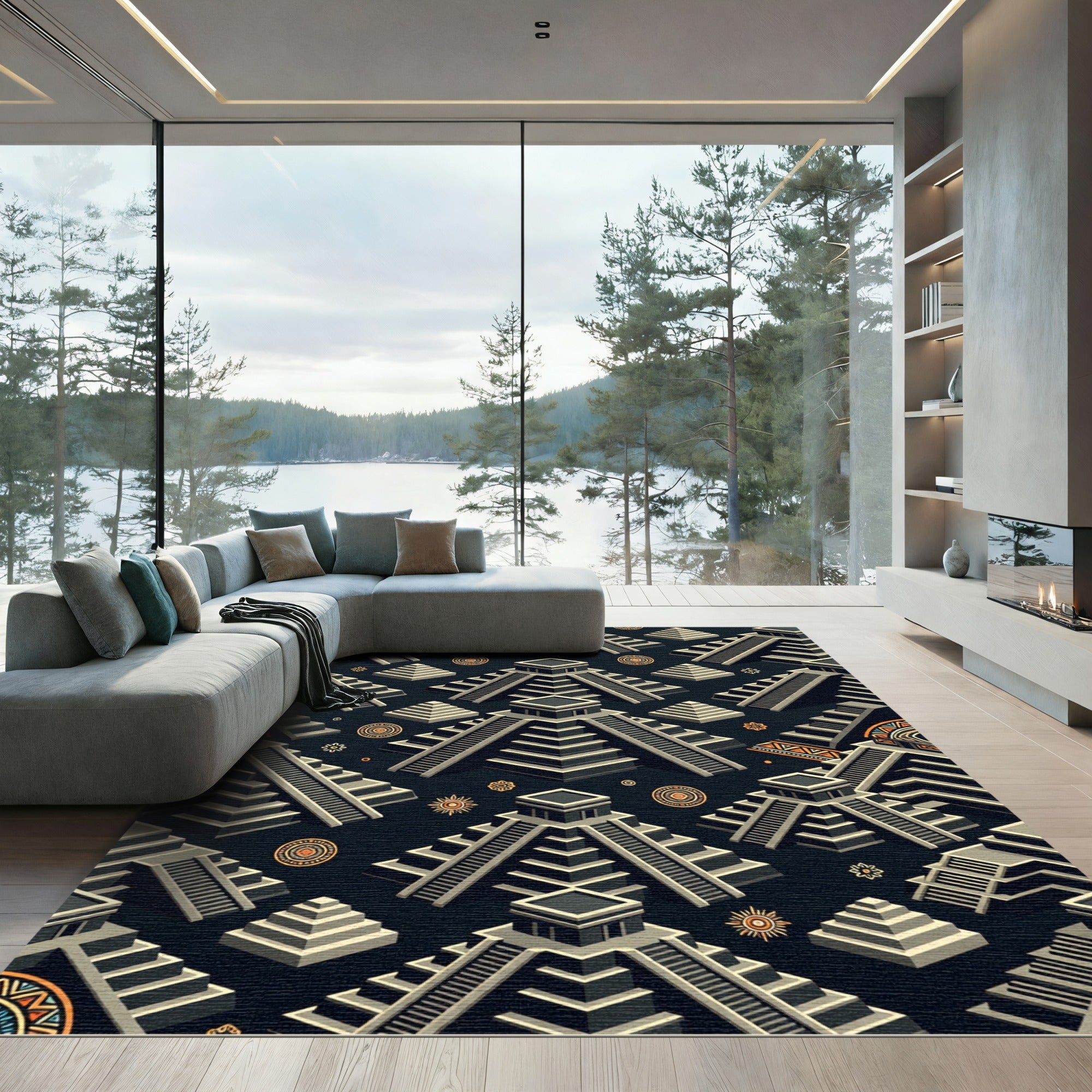 Isometric Aztec Pyramid Charcoal Geometric Rug