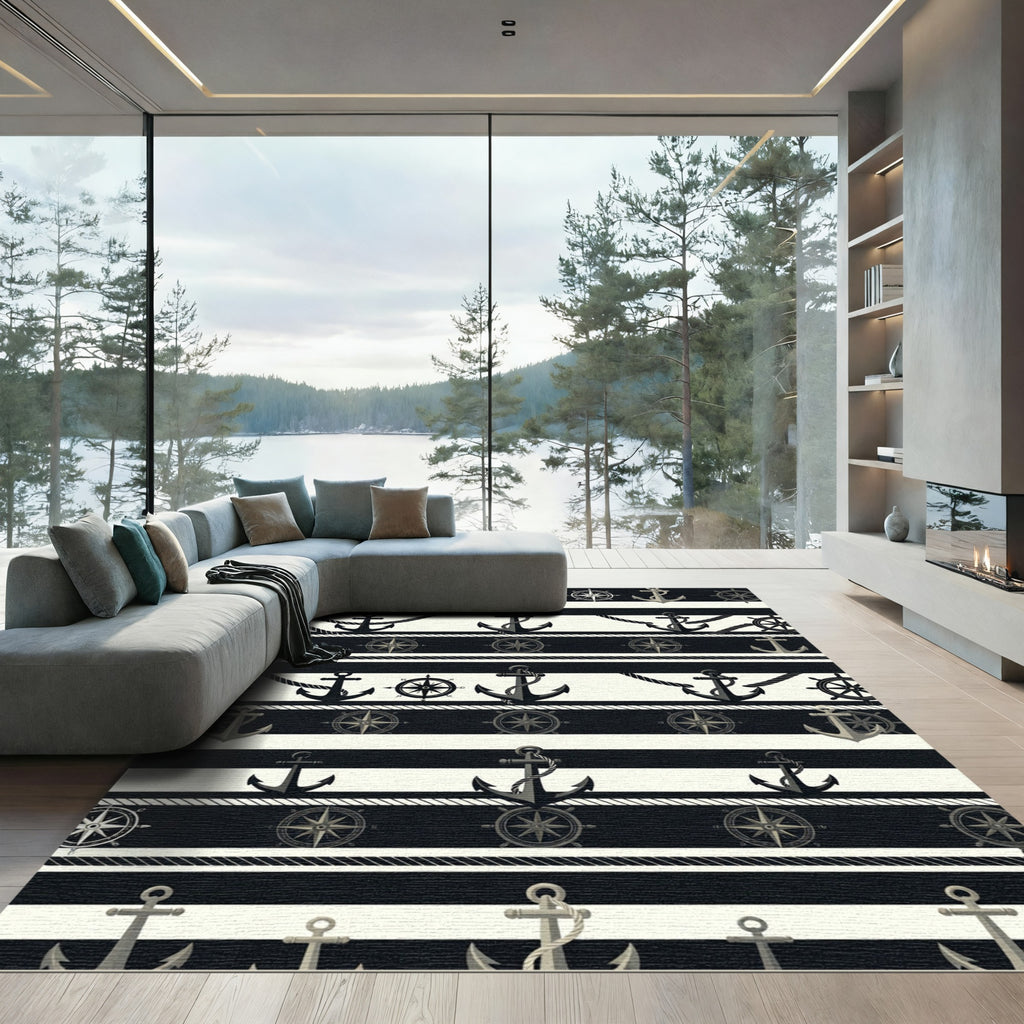 Nautical Anchor Compass Striped Black White Rug