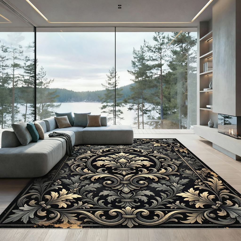 Ornate Gold Leaf Scrollwork Black Rug