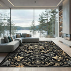 Ornate Gold Leaf Scrollwork Black Rug