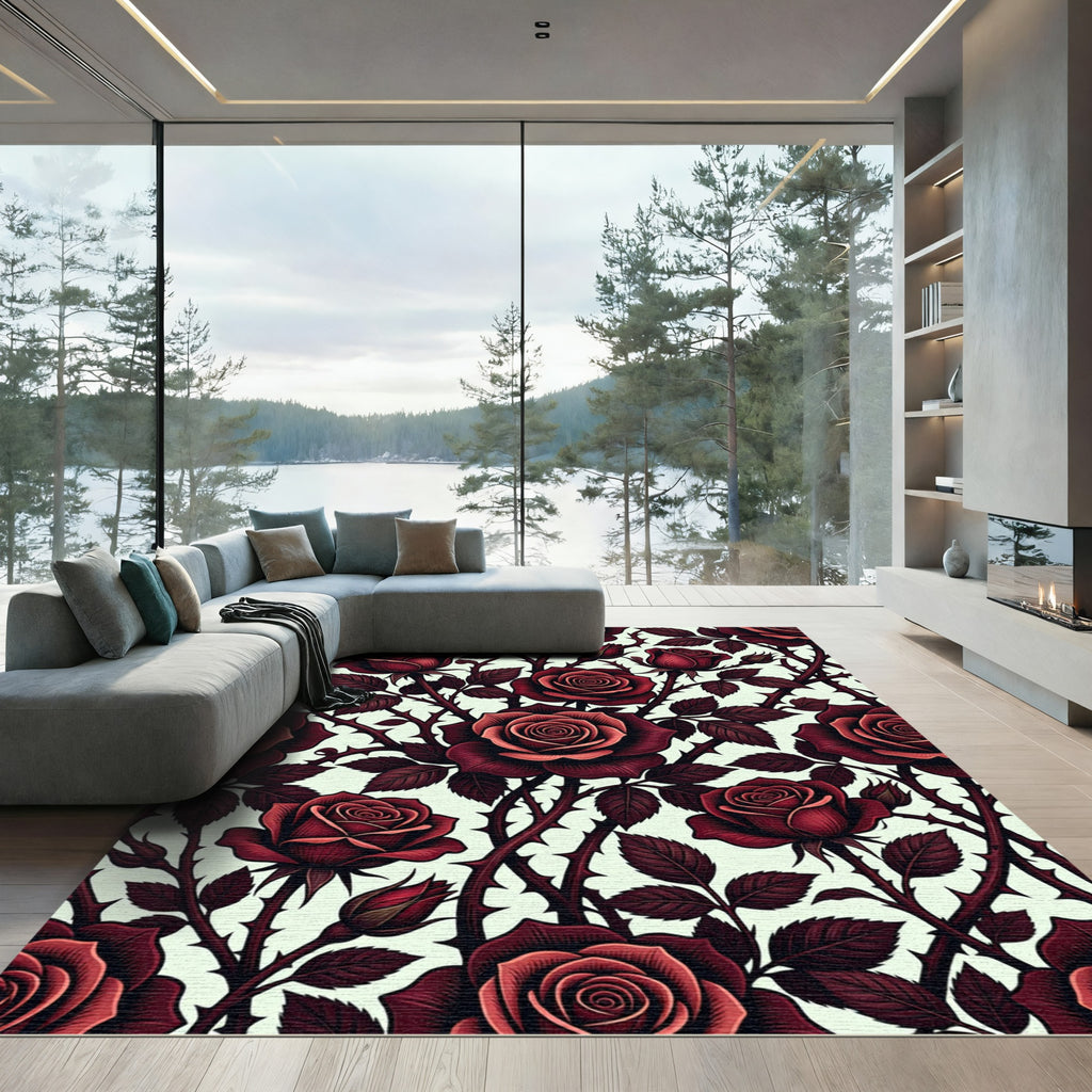 Dark Crimson Rose Garden Floral Rug