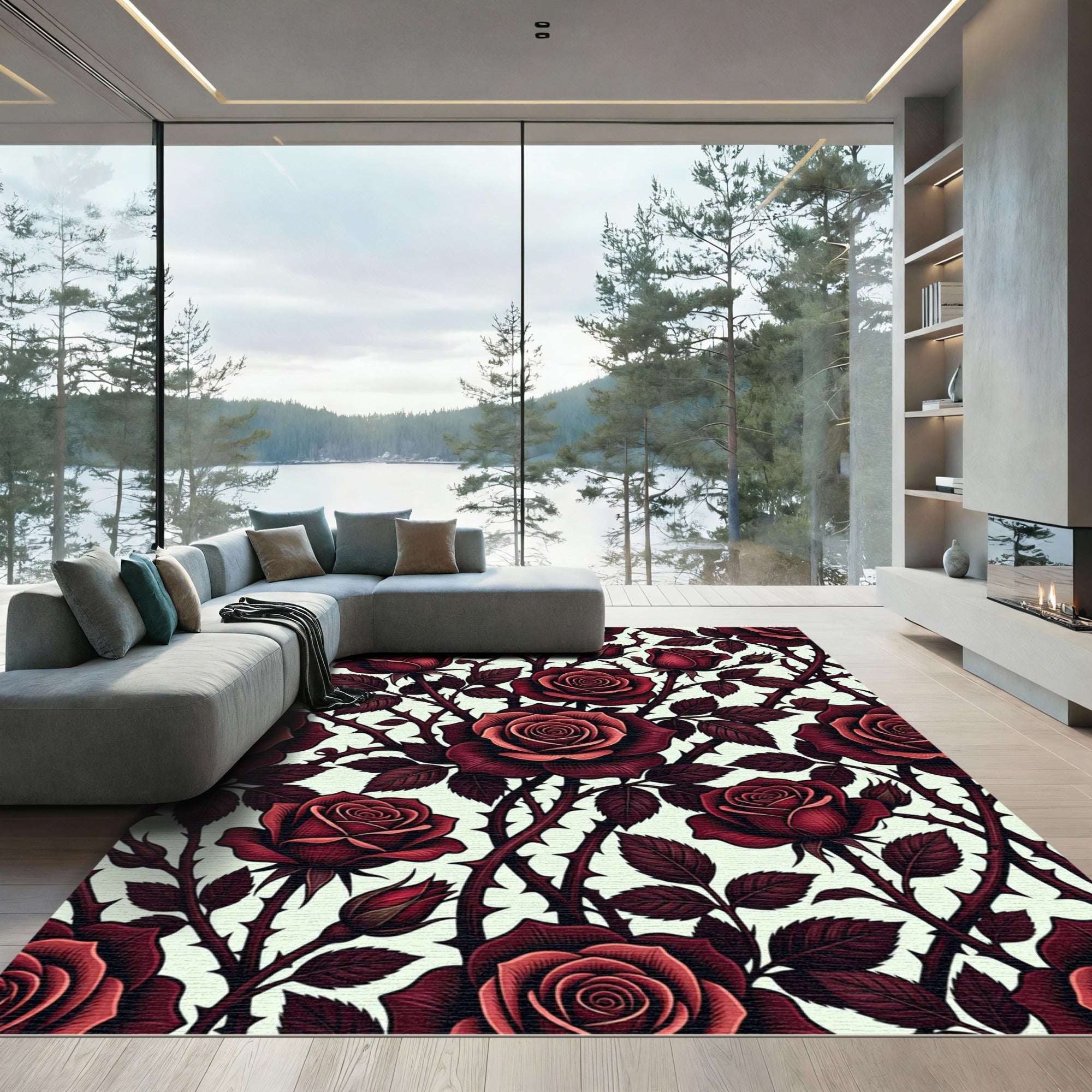 Dark Crimson Rose Garden Floral Rug