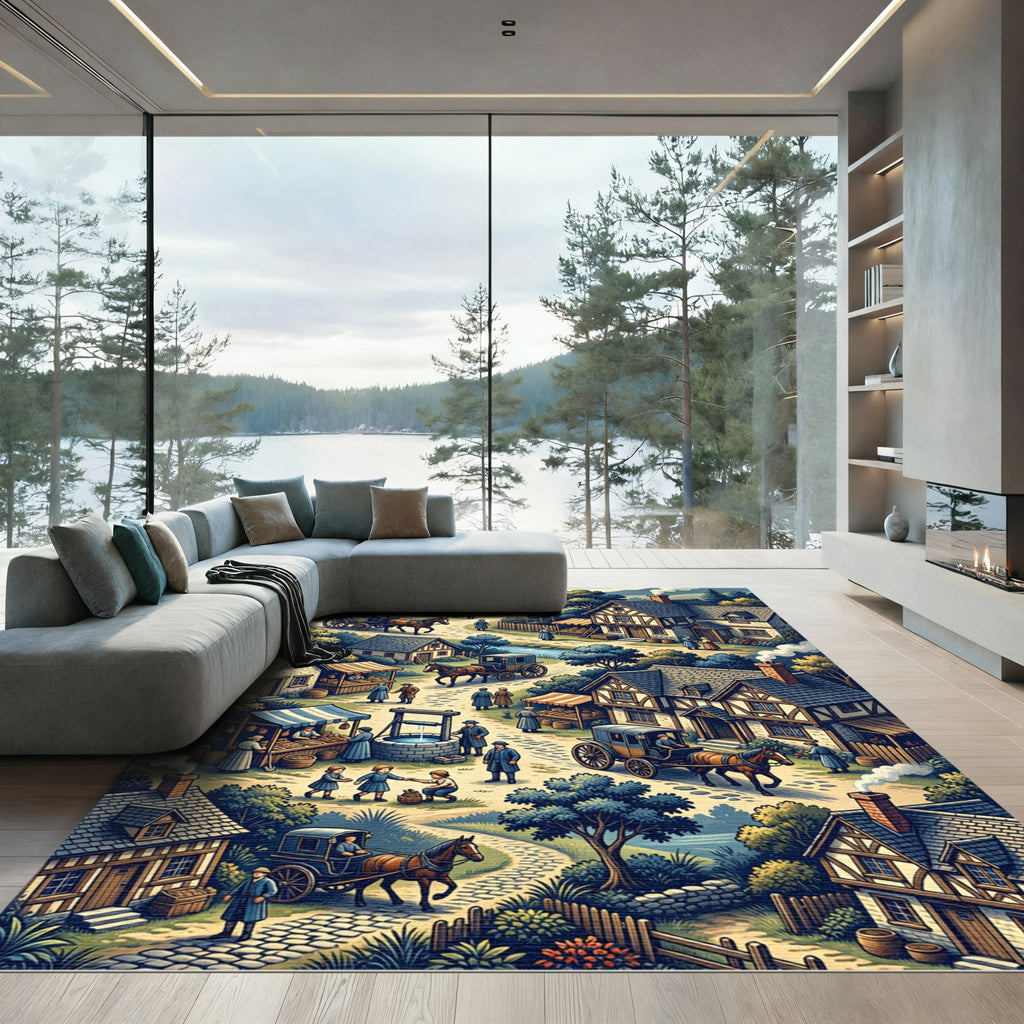 Whimsical Village Life Scenic Illustration Rug