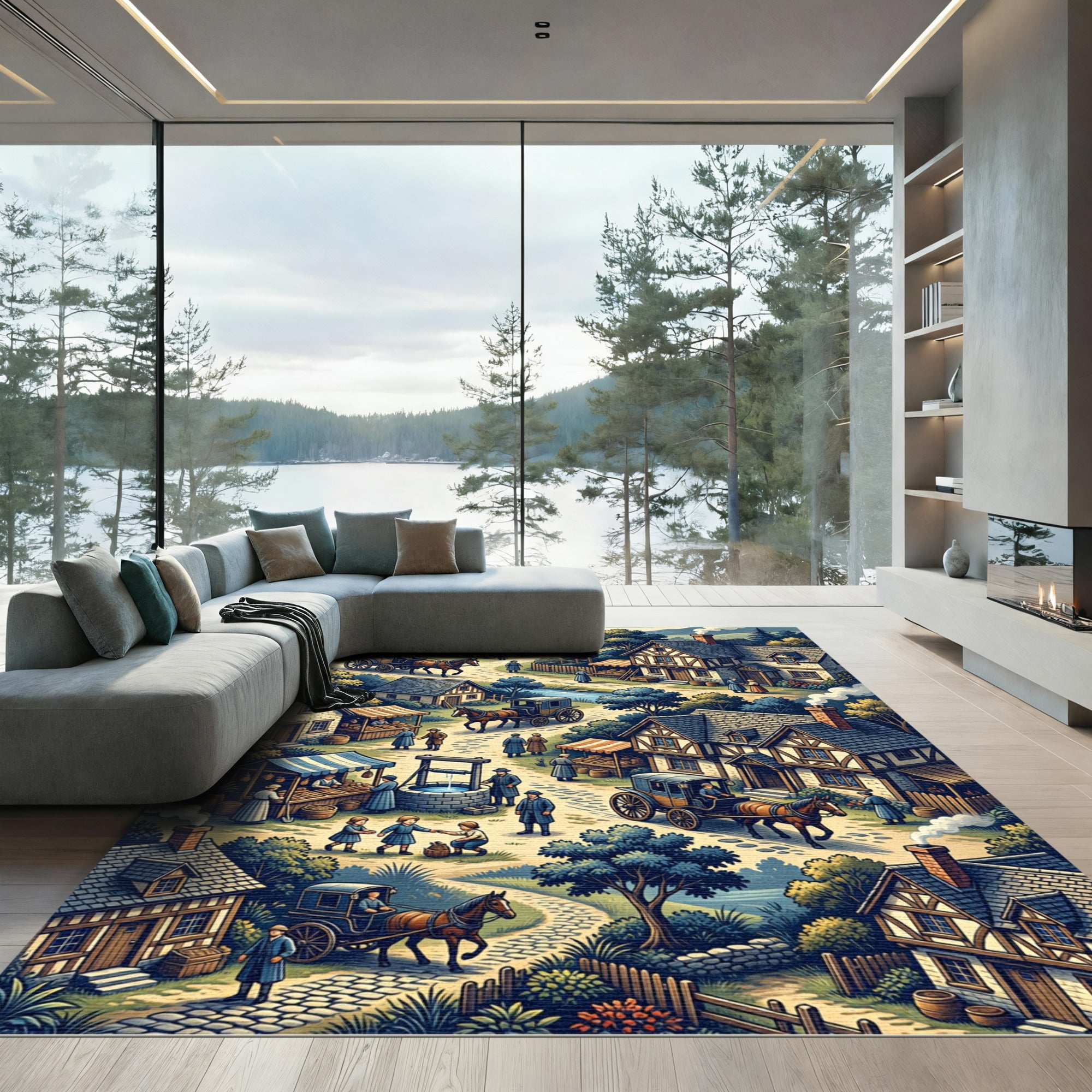 Whimsical Village Life Scenic Illustration Rug