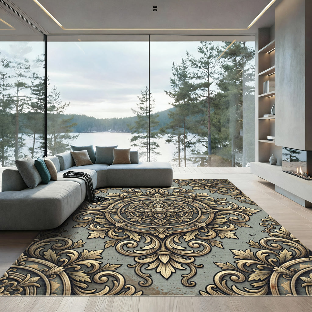 Ornate Gold Leaf Filigree Medallion Rug