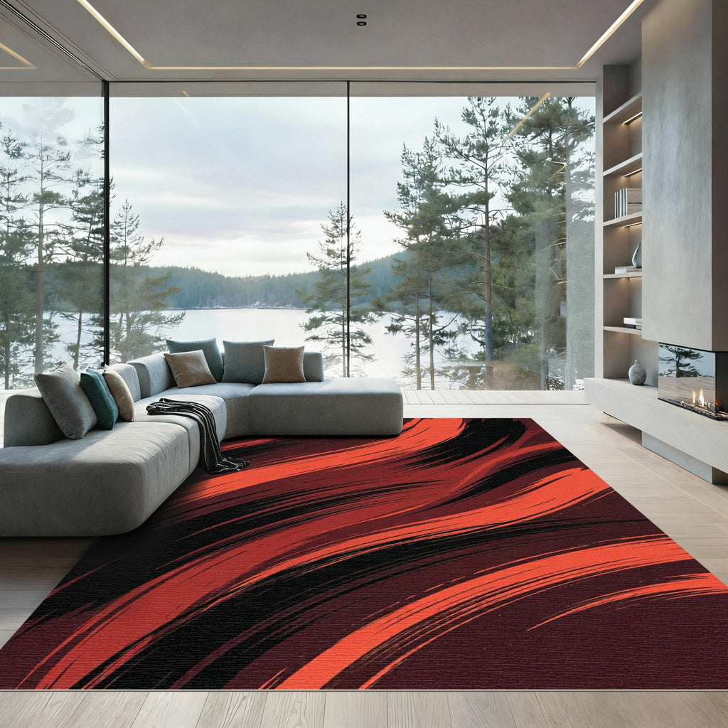 Bold Crimson and Black Abstract Swirl Rug