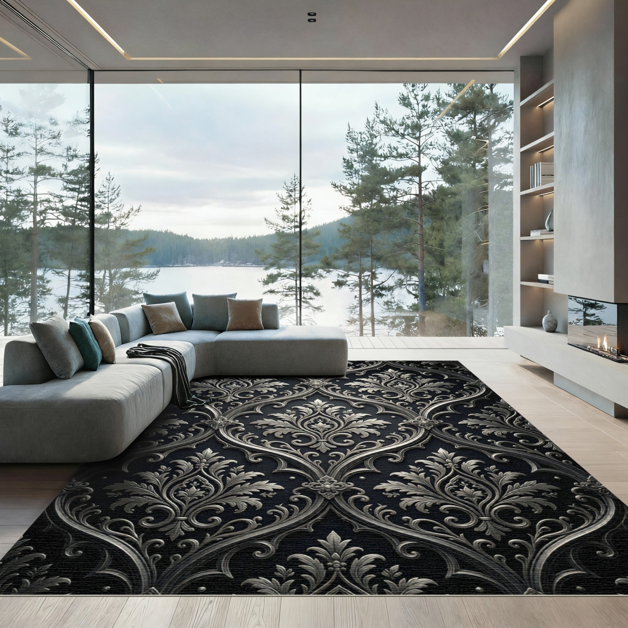 Intricate Silver Black Damask Scroll Rug