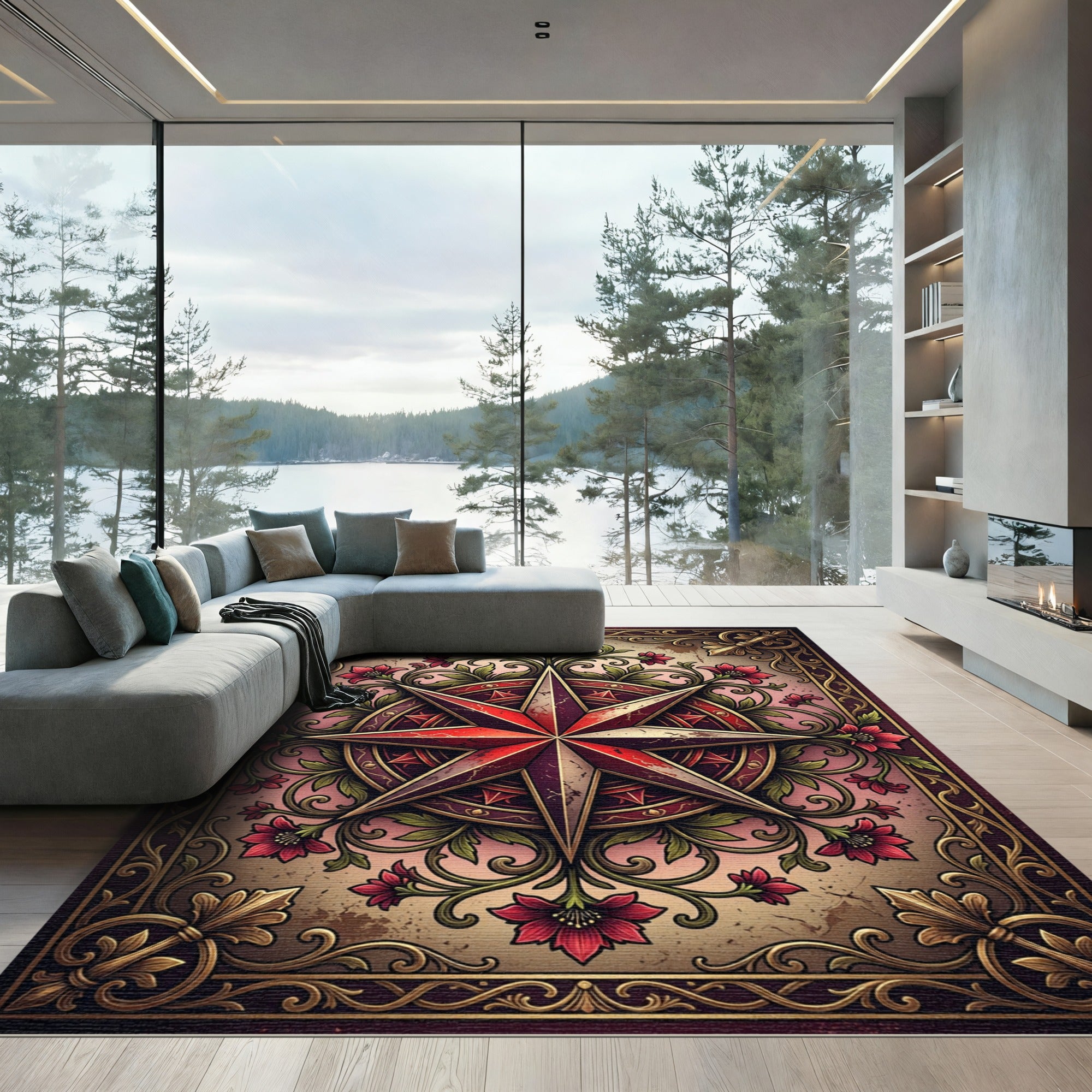 Vintage Crimson Floral Compass Medallion Rug