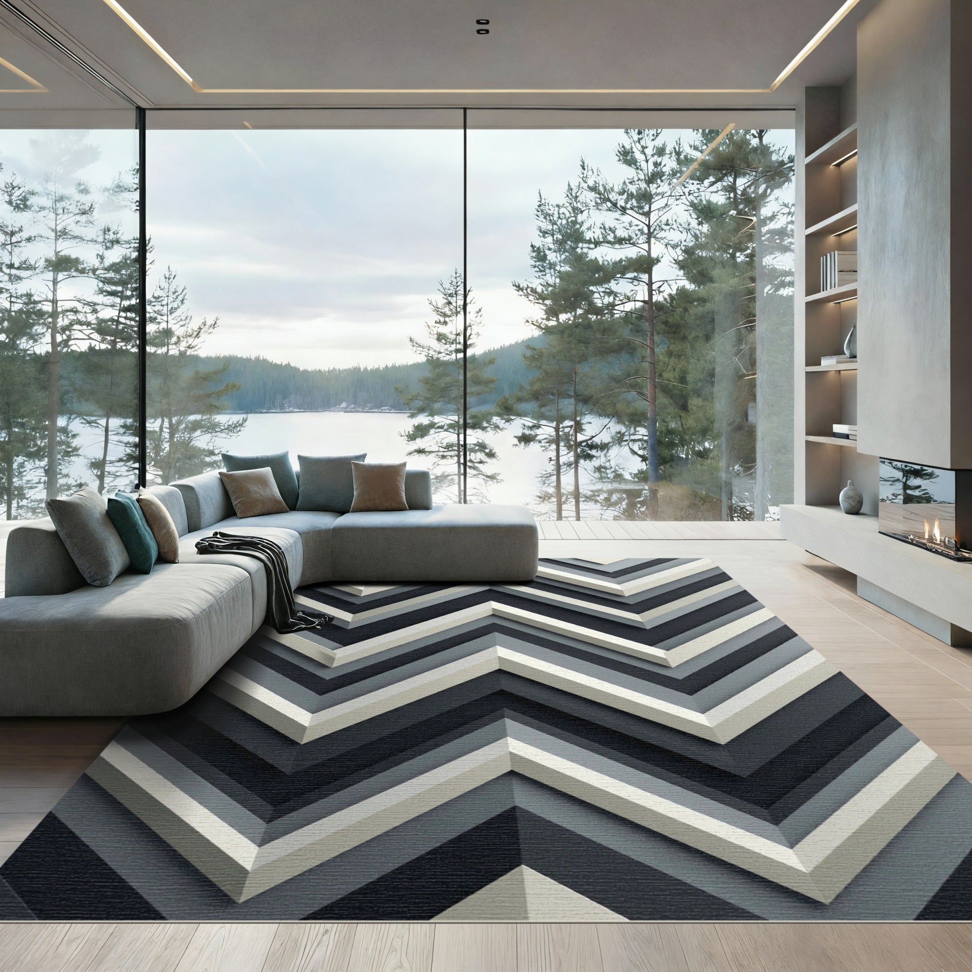 Modern Monochromatic Charcoal Gray Chevron Rug