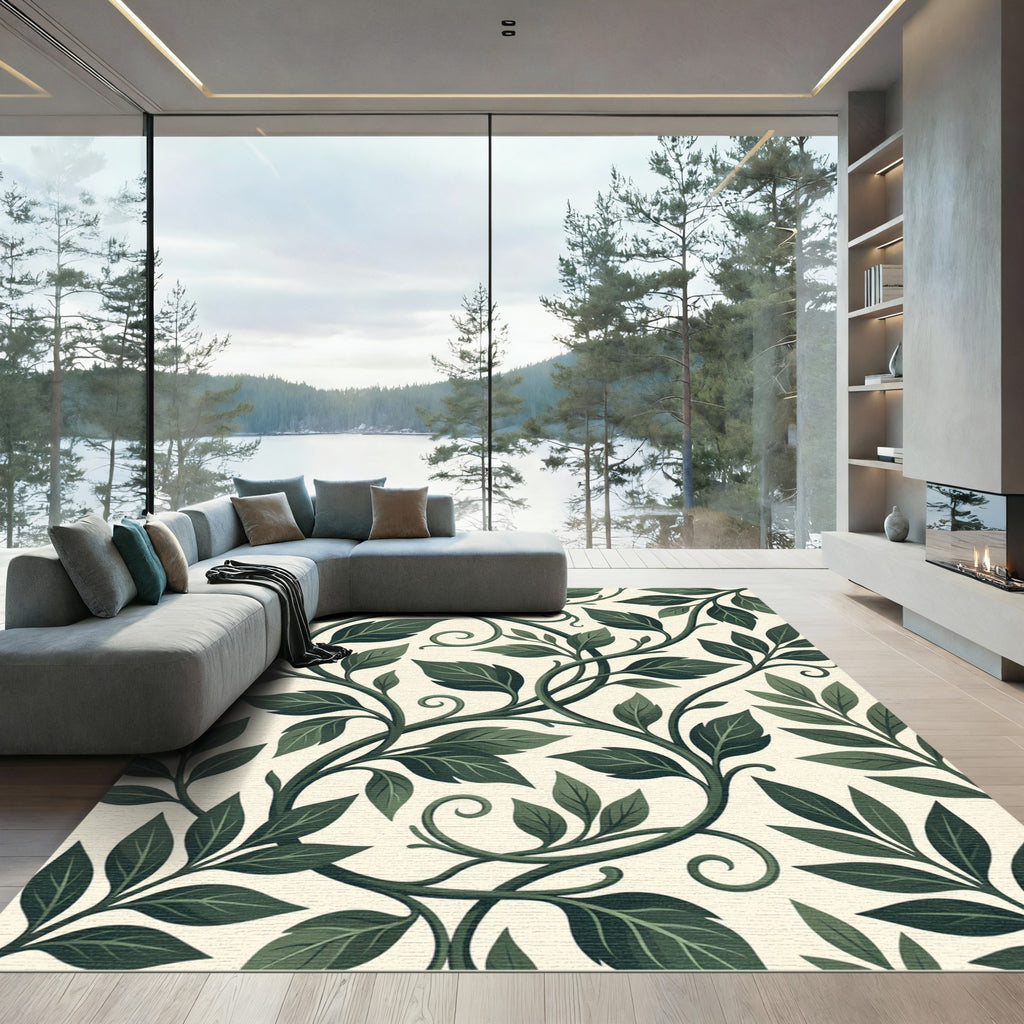 Lush Dark Green Botanical Vine Foliage Rug