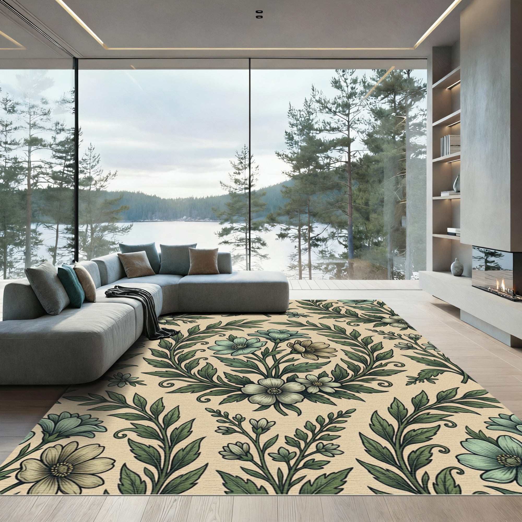 Sage Botanical Bloom Wreath Tapestry Rug