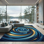 Luminous Cosmic Blue and Gold Vortex Rug