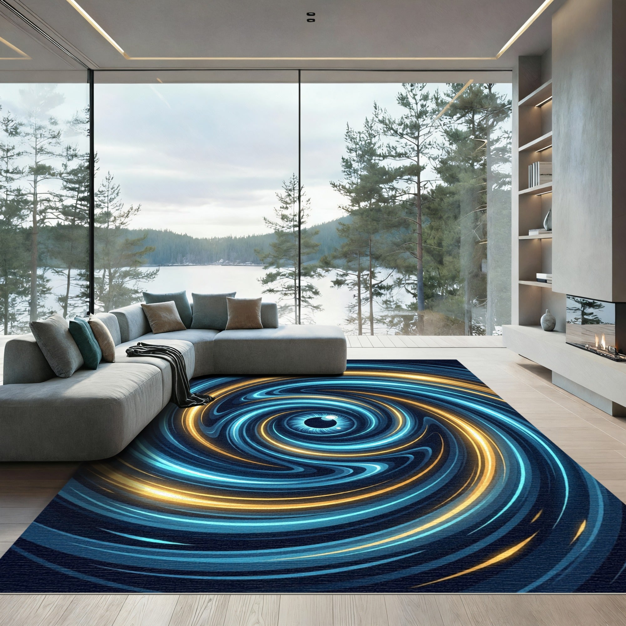 Luminous Cosmic Blue and Gold Vortex Rug