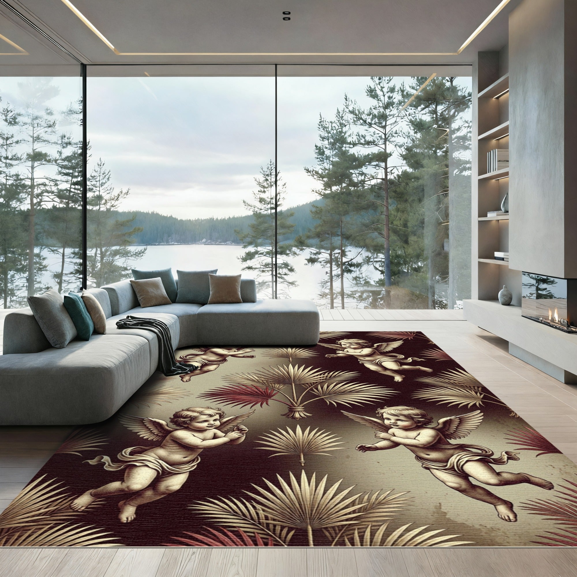 Cherubic Angels Palm Fronds Sepia Tones Rug