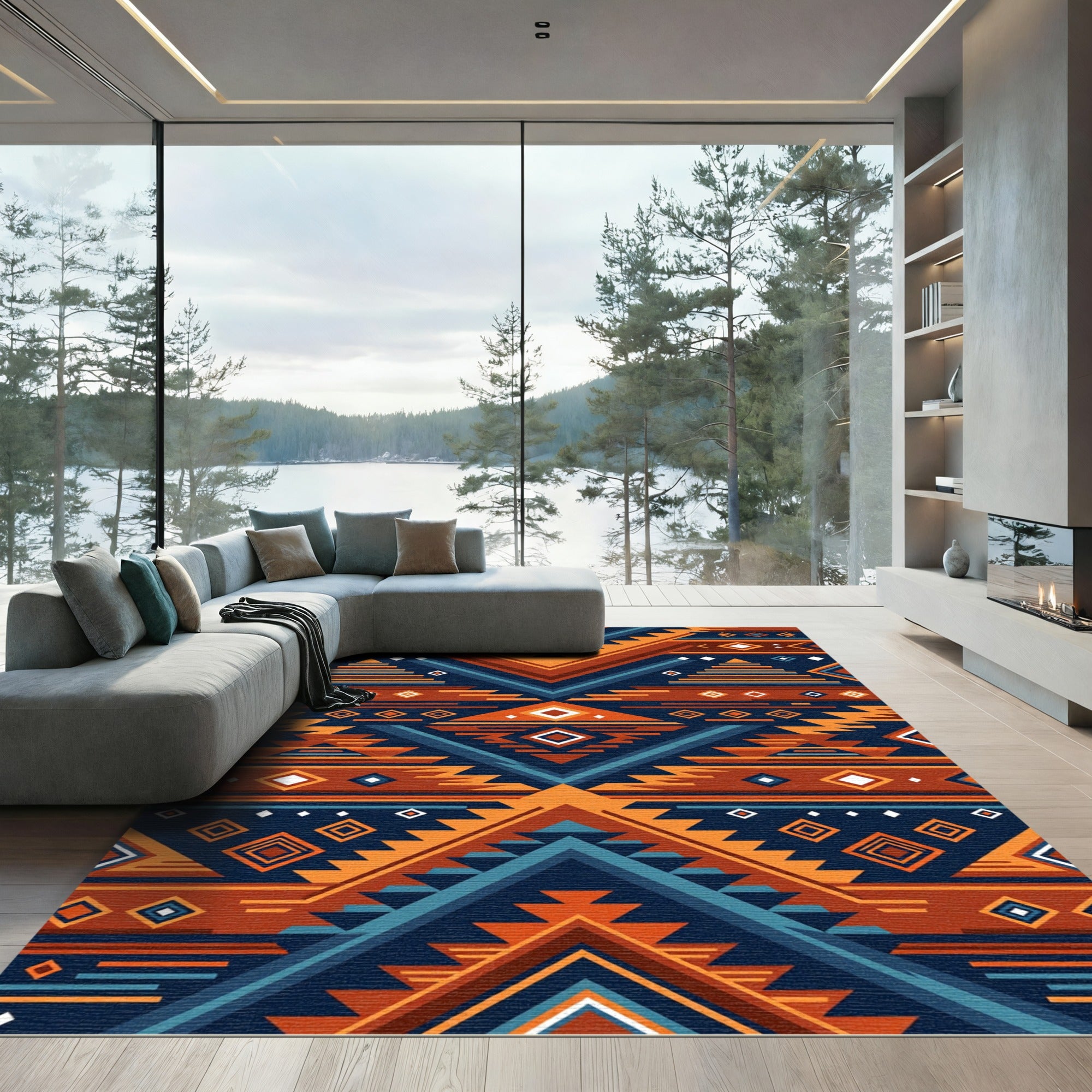 Geometric Southwestern Diamond Ochre Navy Rug