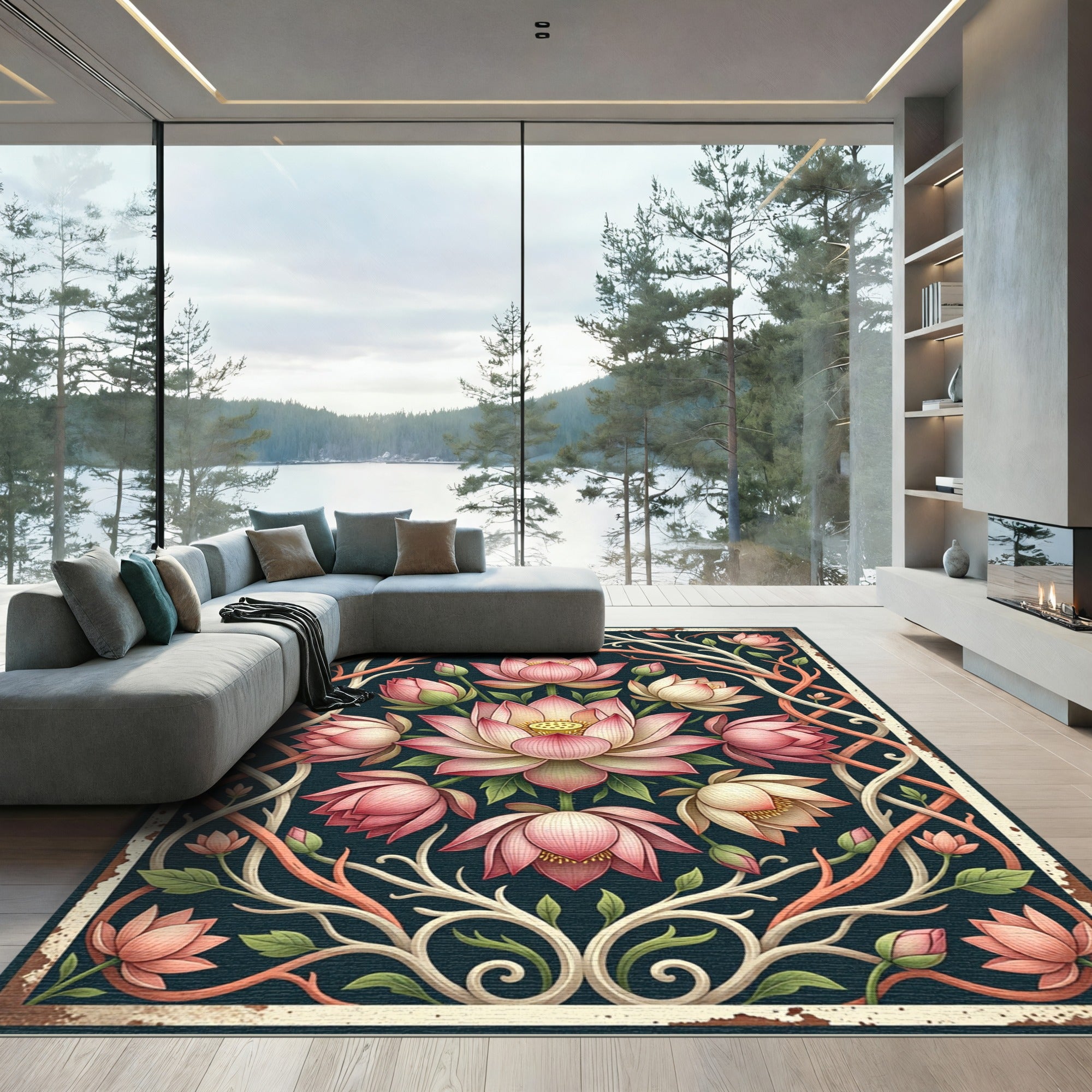 Elegant Pink Lotus Garden Floral Tapestry Rug