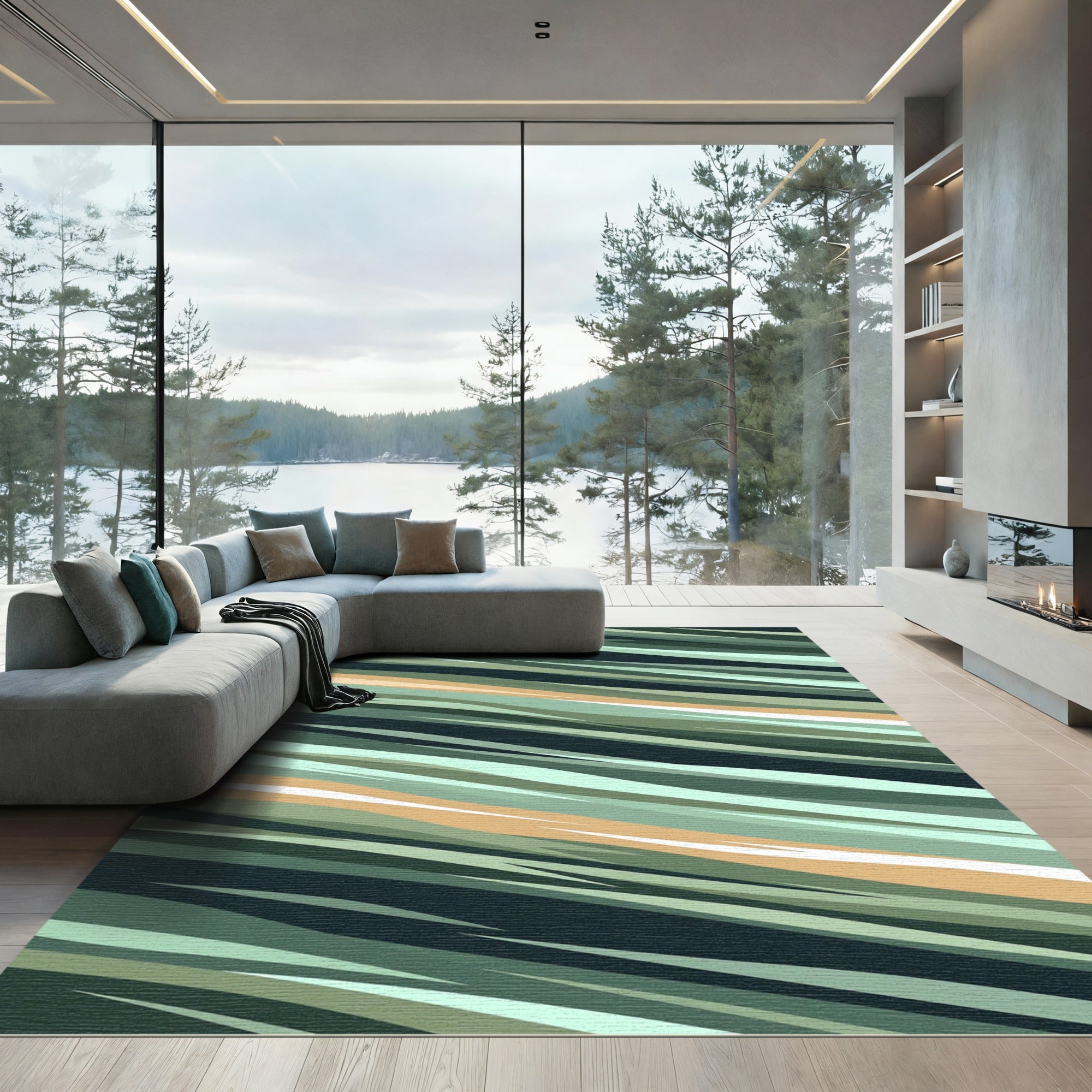 Earthy Sage Green Abstract Linear Stripe Rug