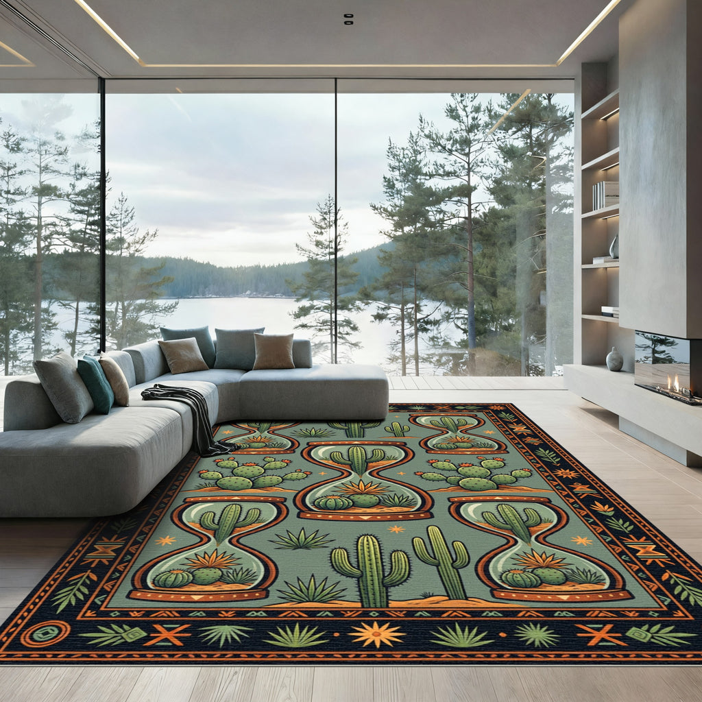 Sage Green Hourglass Cactus Desert Art Rug