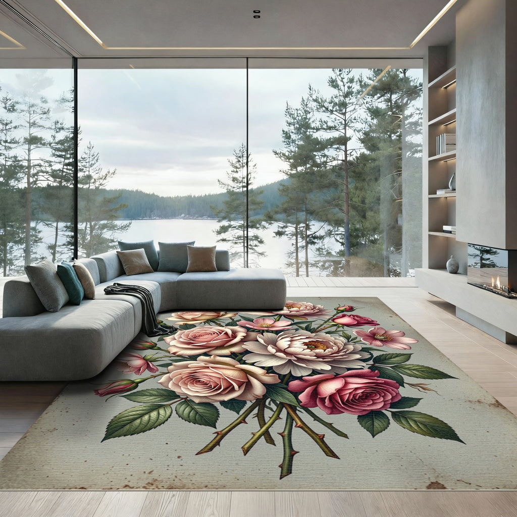 Soft Pink Botanical Rose Bouquet Rug