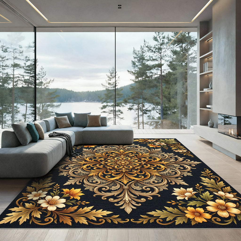 Opulent Gold Floral Baroque Medallion Rug