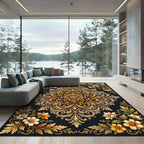 Opulent Gold Floral Baroque Medallion Rug