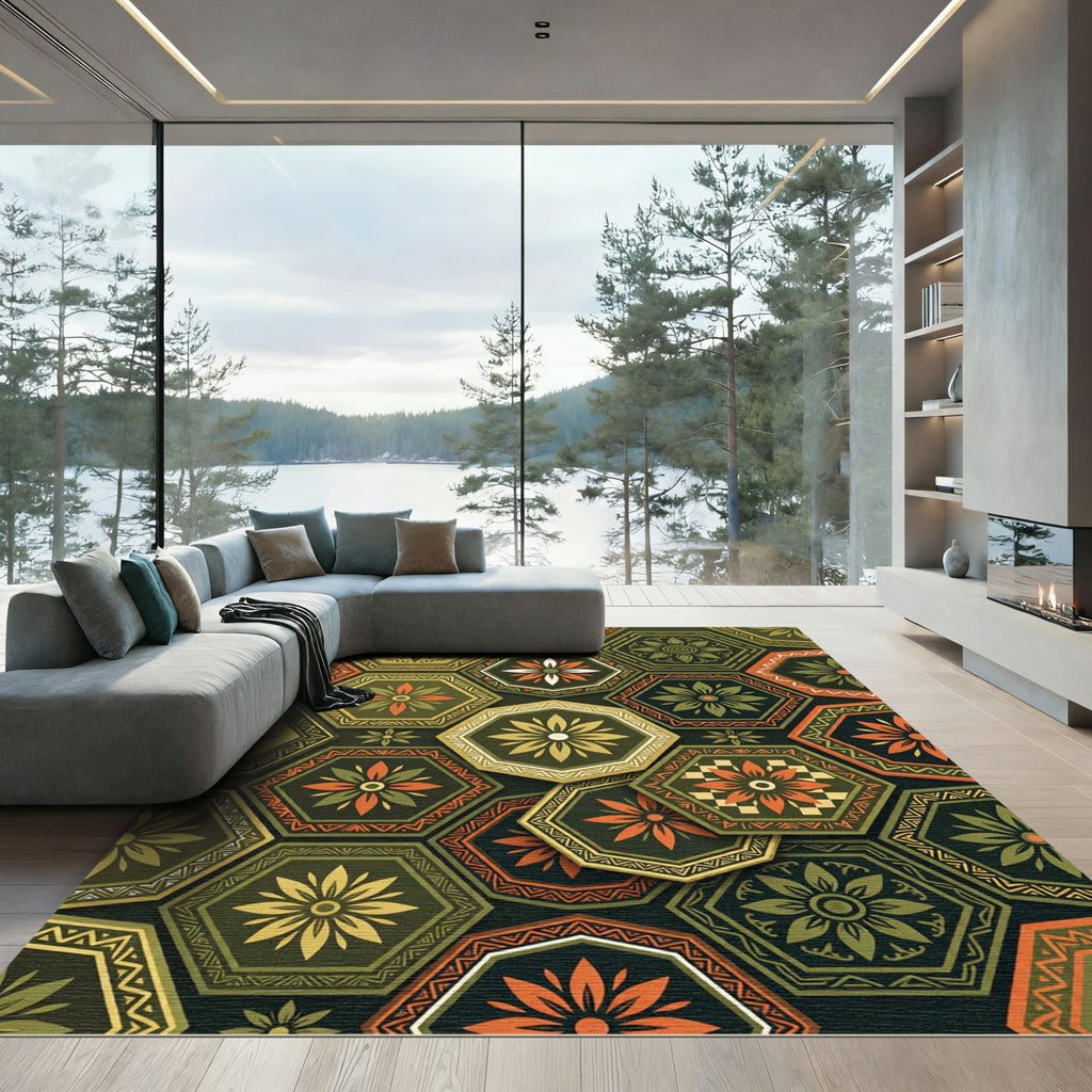 Hexagonal Floral Meadow Geometric Rug