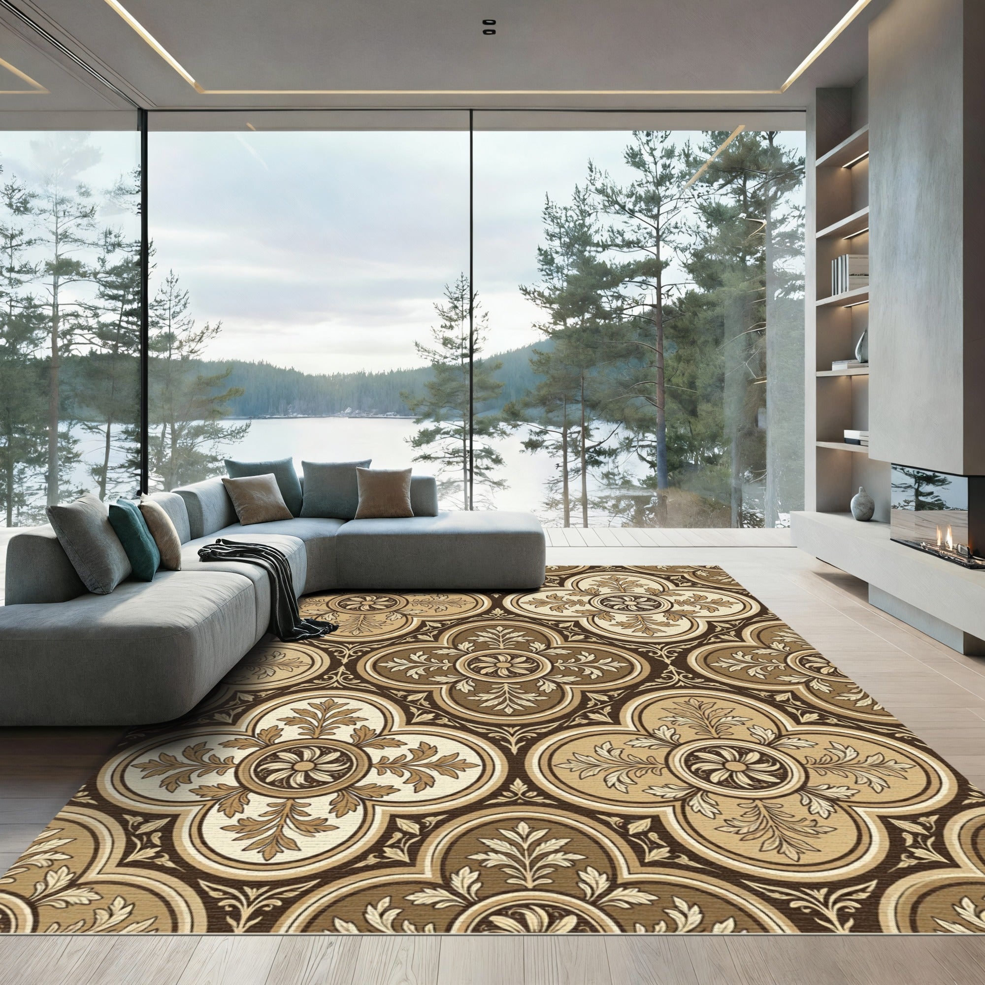 Earthy Toned Quatrefoil Floral Medallion Rug