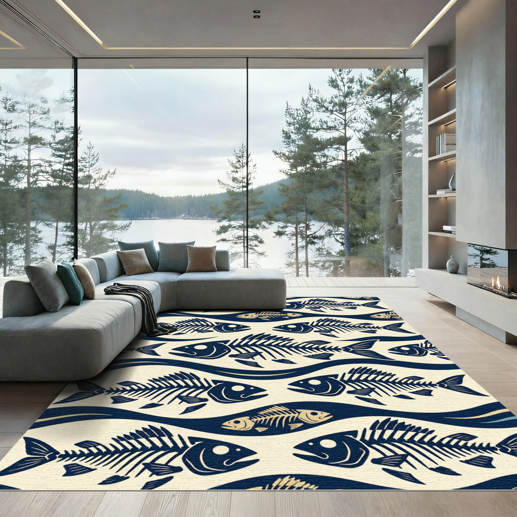 Navy Blue Skeletal Fish Wave Composition Rug