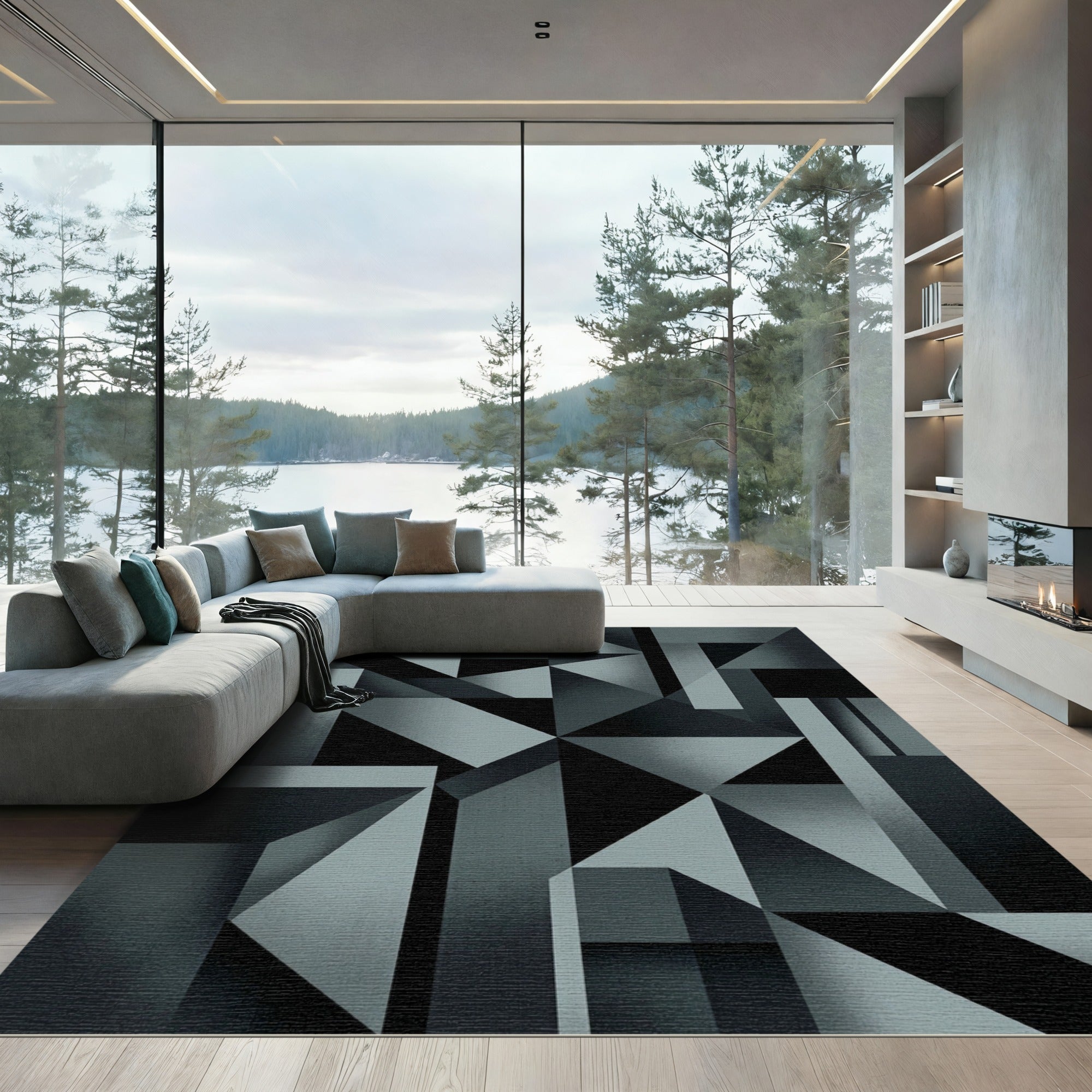 Modern Charcoal Geometric Abstract Industrial Rug