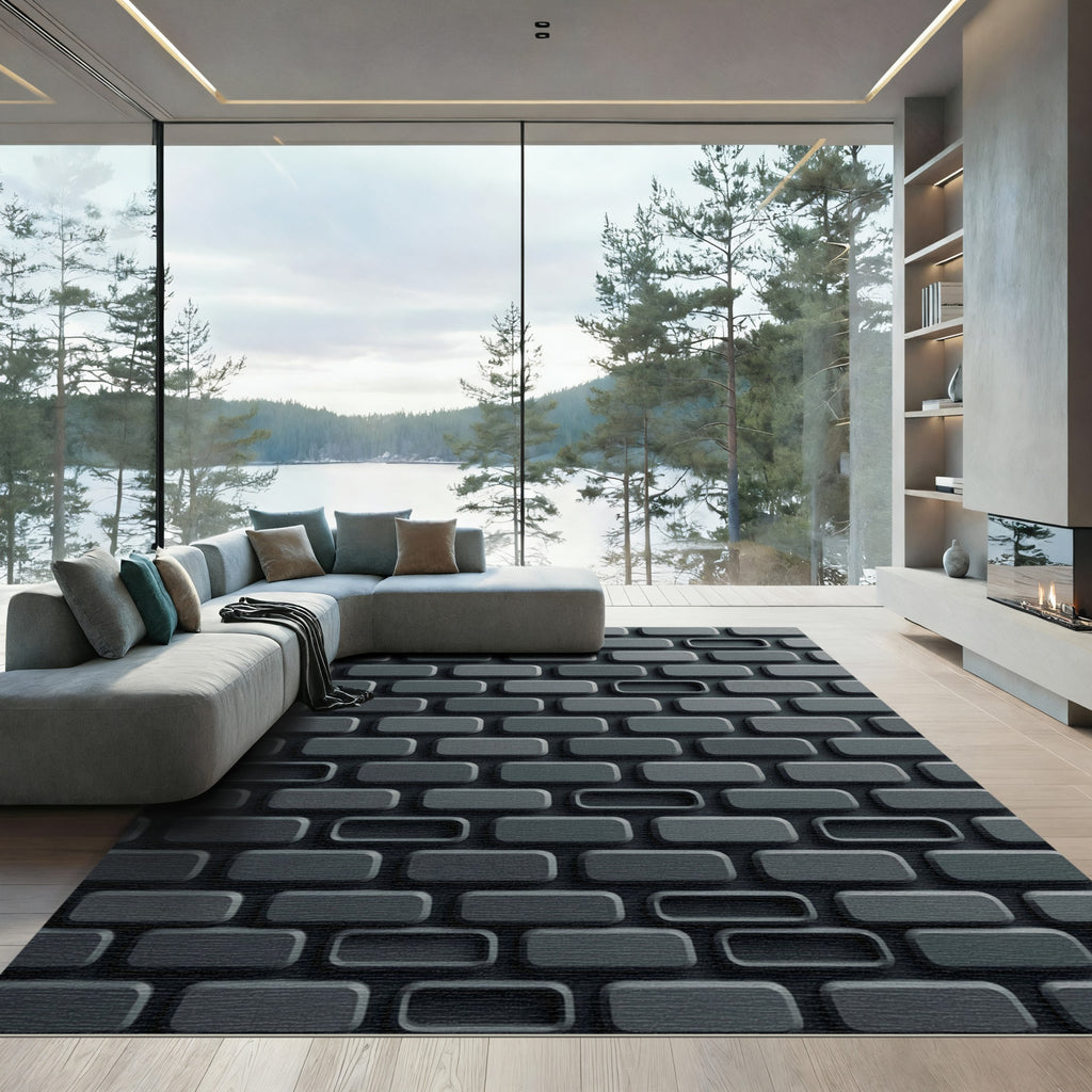 Modern Slate Geometric Rectangular Grid Rug