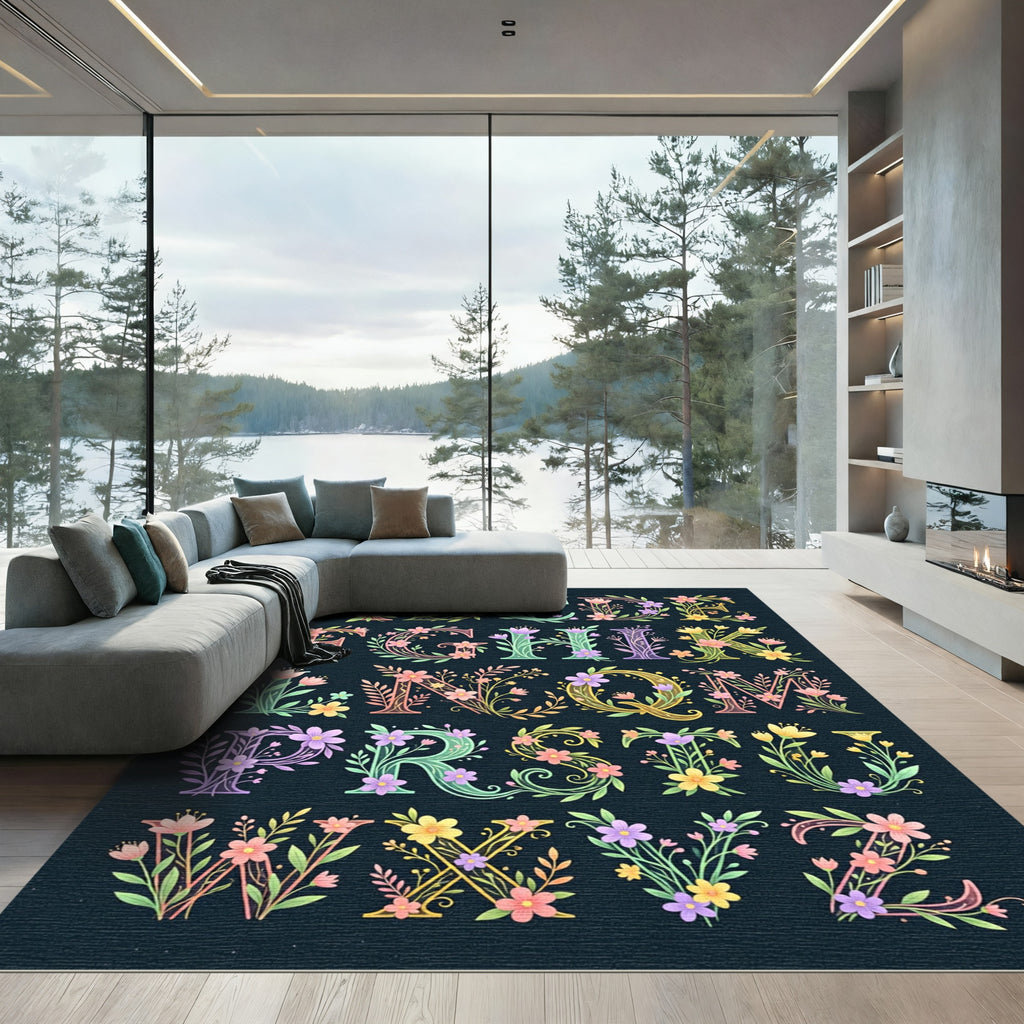 Floral Botanical Alphabet Letter Garden Art Rug