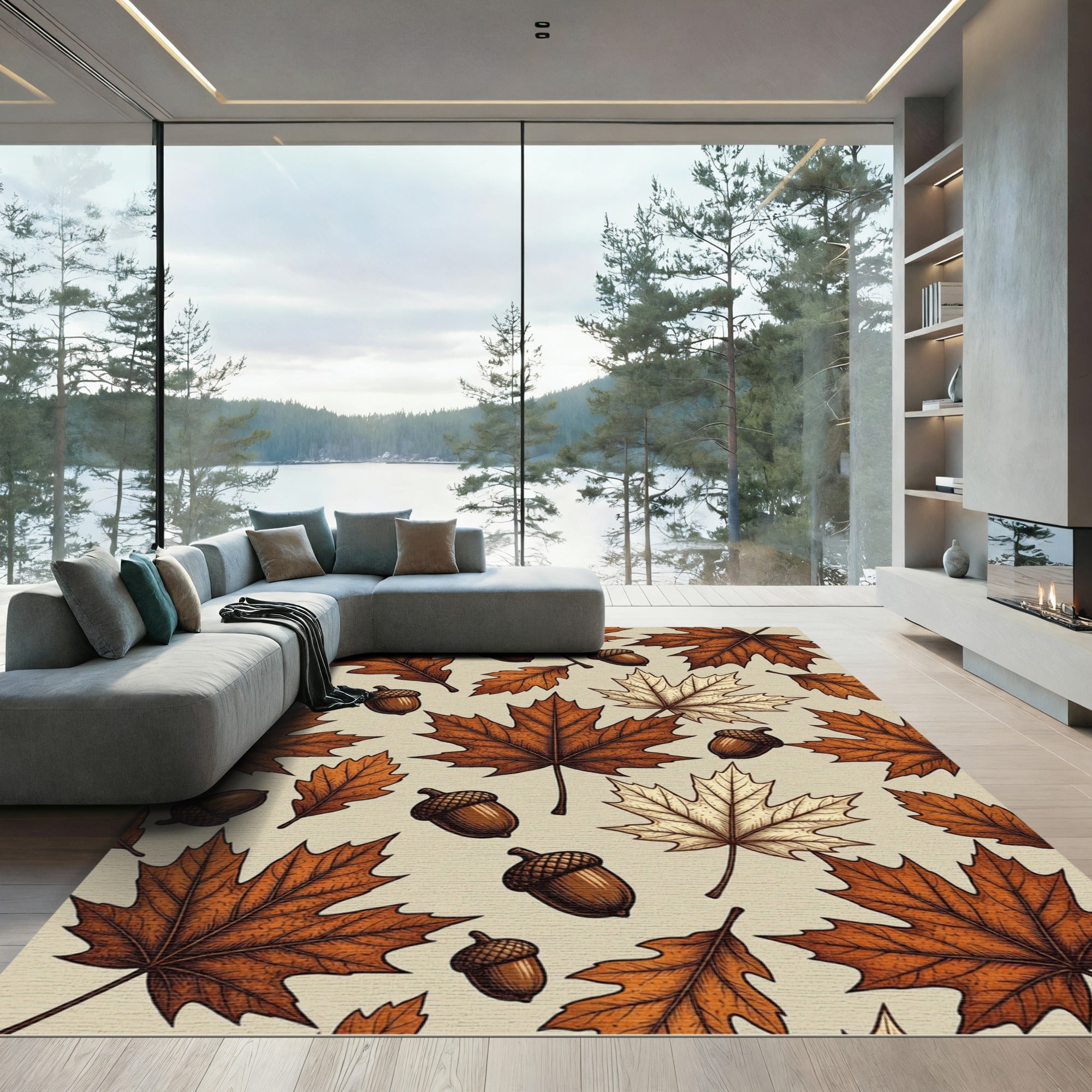 Autumnal Oak Leaf and Acorn Illustration Rug