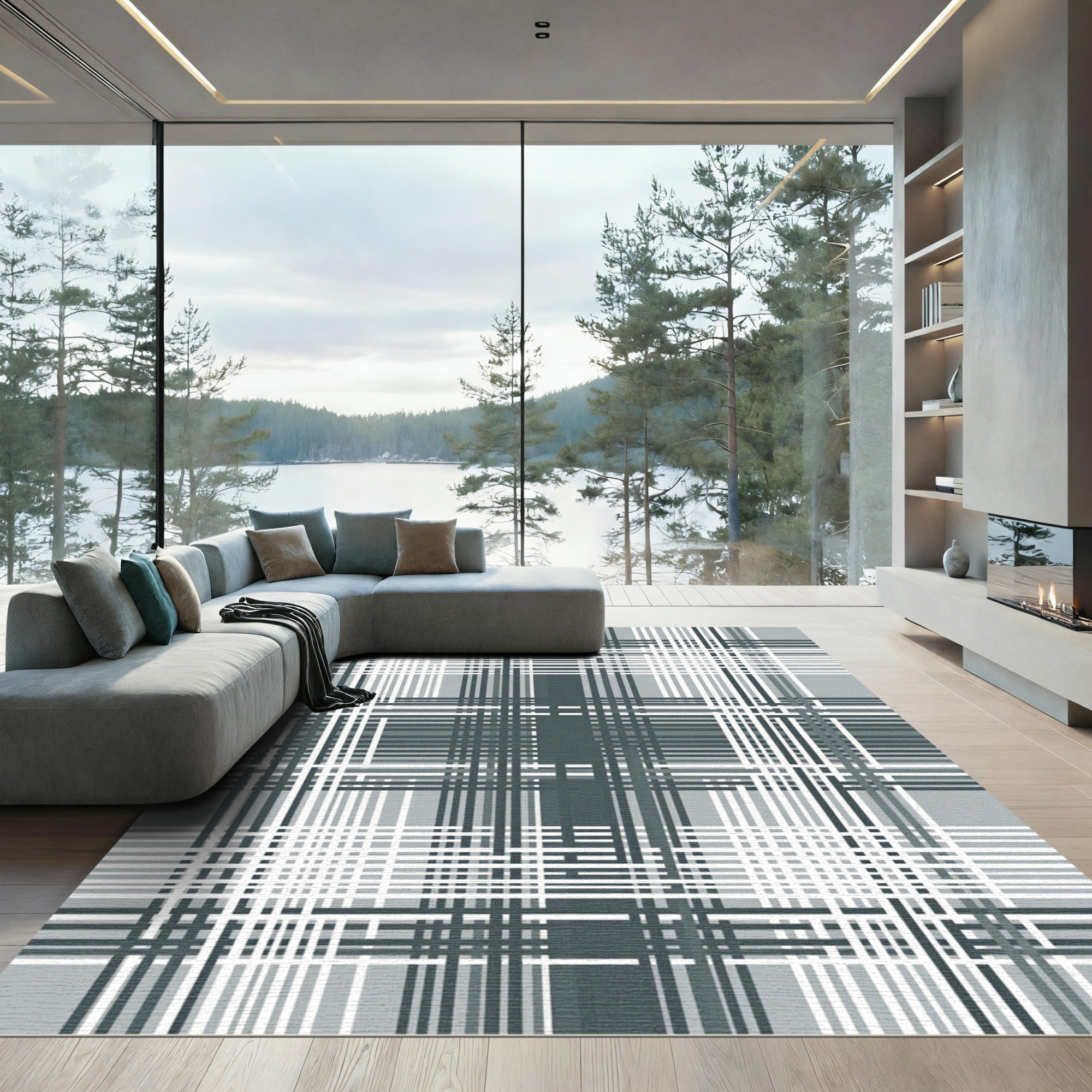 Sophisticated Gray Plaid Grid Lines Rug