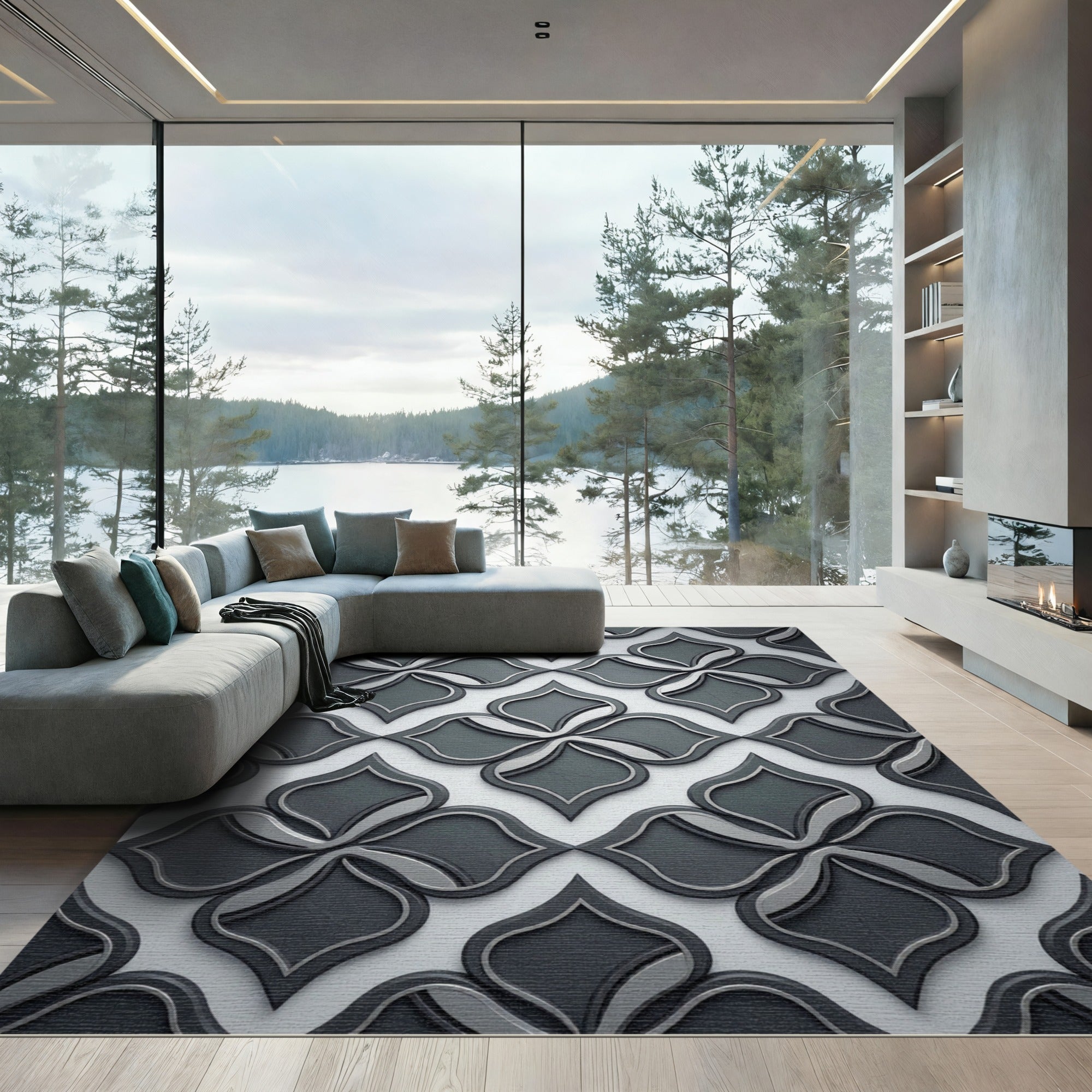 Sophisticated Charcoal Black Interlocking Quatrefoil Rug