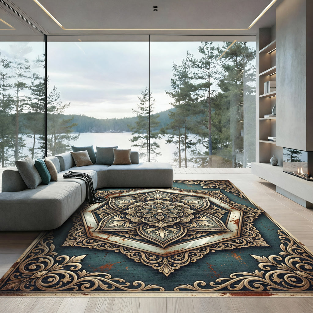Ornate Teal and Gold Mandala Medallion Rug