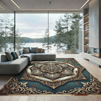 Ornate Teal and Gold Mandala Medallion Rug