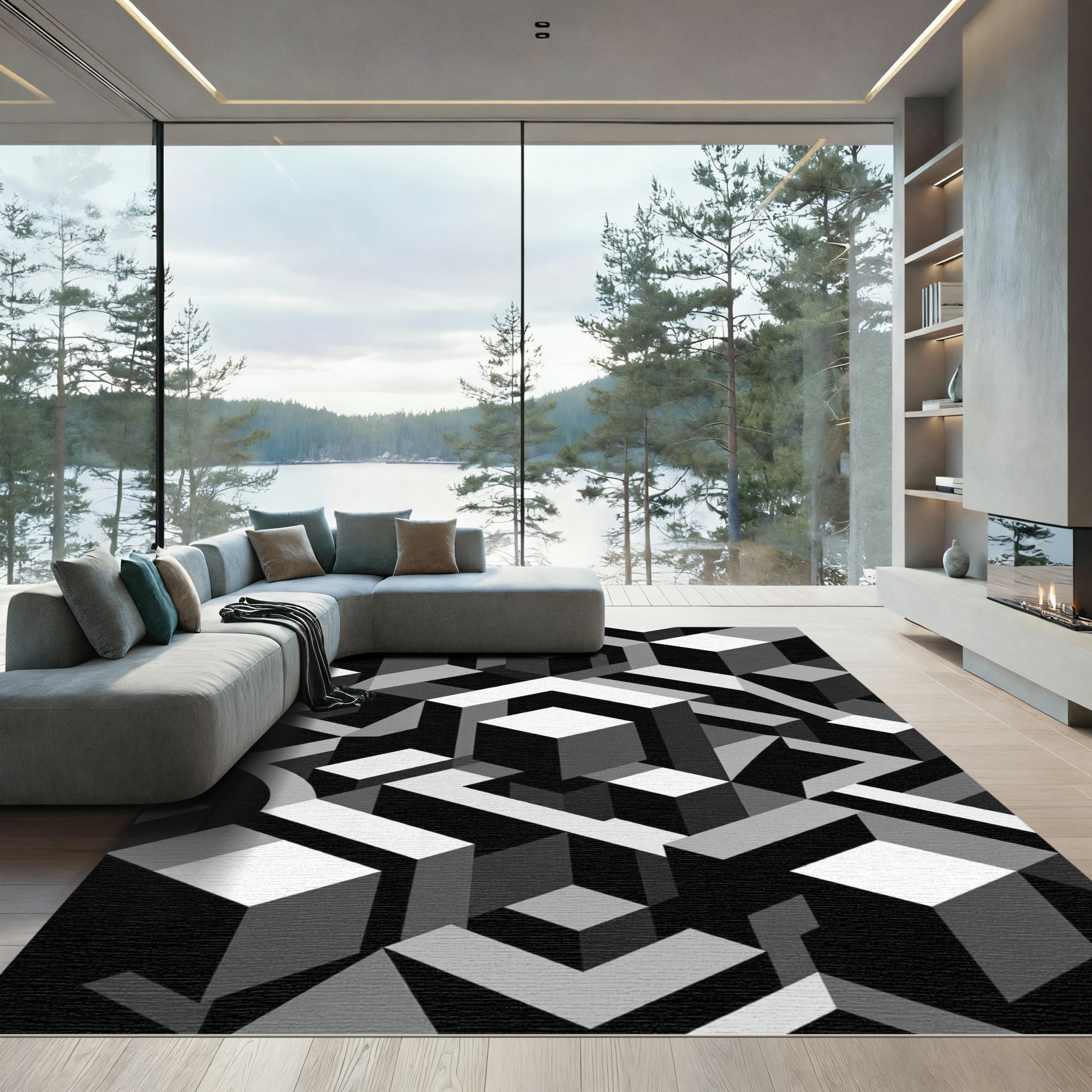Monochrome Geometric Isometric Cube Art Rug